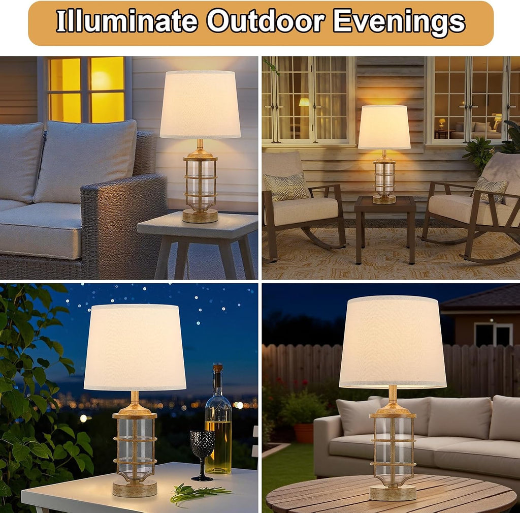 Outdoor Table Lamp, Farmhouse Lamp for Patio Table Decor with Cord, Rustic Table Light with Seeded Glass, 23.5' Plug-in Outdoor Lamps for Patio Waterproof, LED Bulb Included (Wood Color)