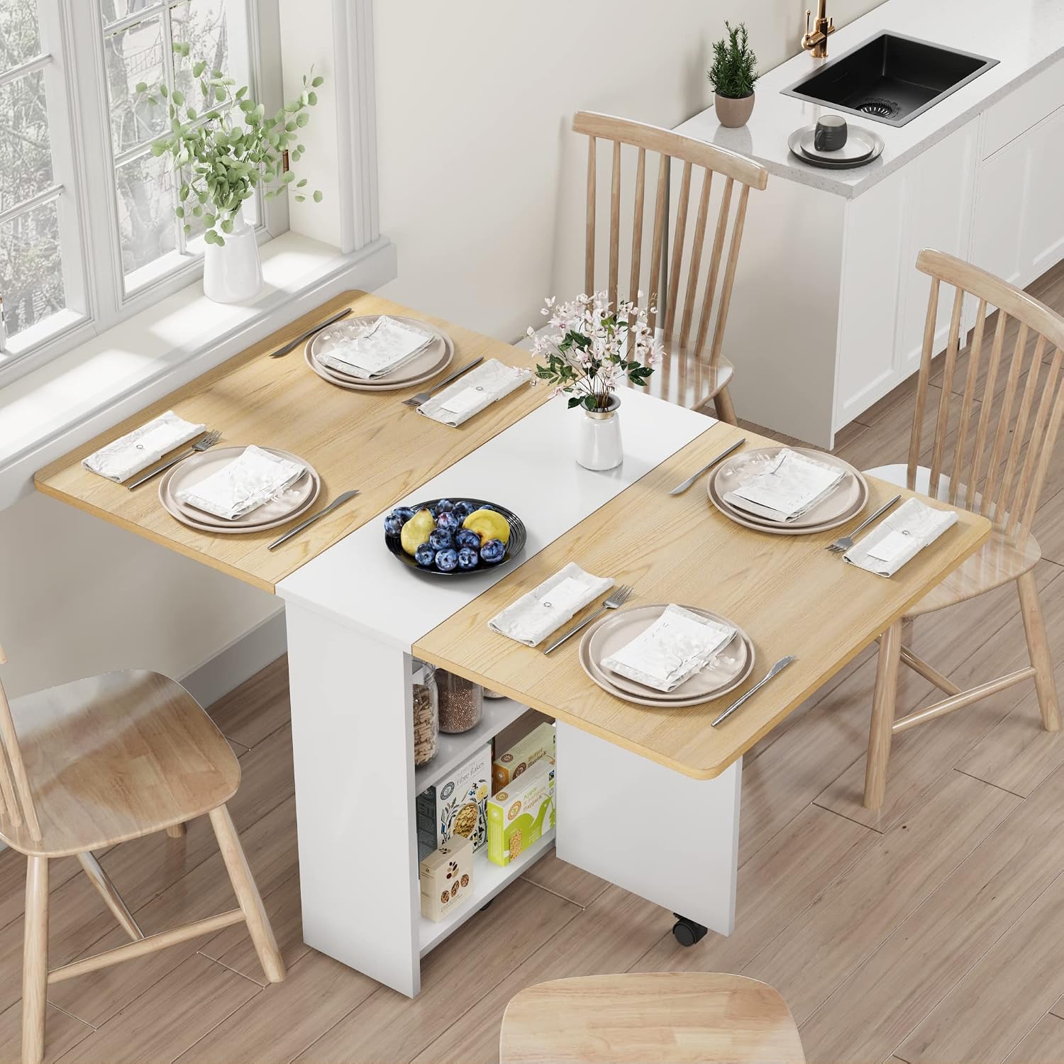 GarveeHome Folding Dining Table, Space Saving Farmhouse Dining Table for 4 Storage Shelf, 6 Wheels Multipose Expandable Kitchen Drop Leaf Table for Small Spac