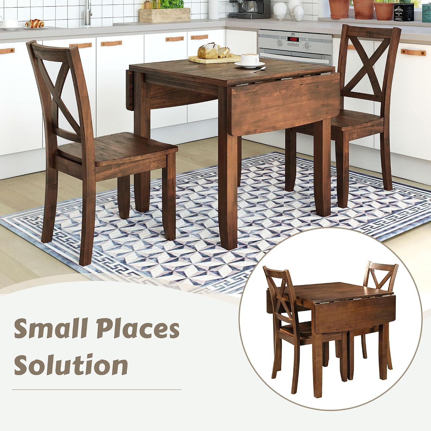 Harper & Bright Designs 3-Piece Wood Drop Leaf Dining Table Set with 2 X-Back Chairs, Space-Saving Breakfast Nook Dining Set, Brown