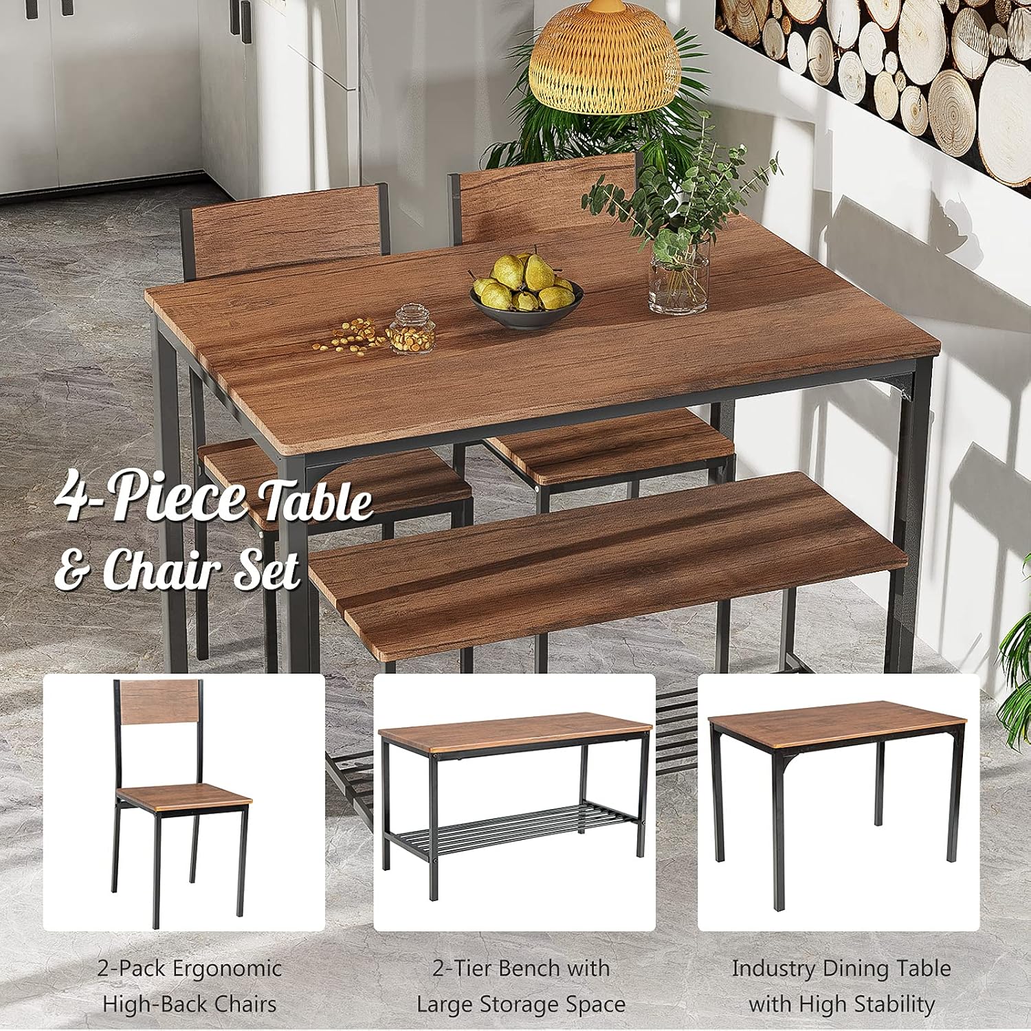Giantex Dining Table Set for 4, 43' Kitchen Table and Chairs, Dining Bench with Metal Frame & Storage Rack, 4-Piece Modern Functional Desk Set for Dinette, Small Space, Apartment, Restaurant, Walnut