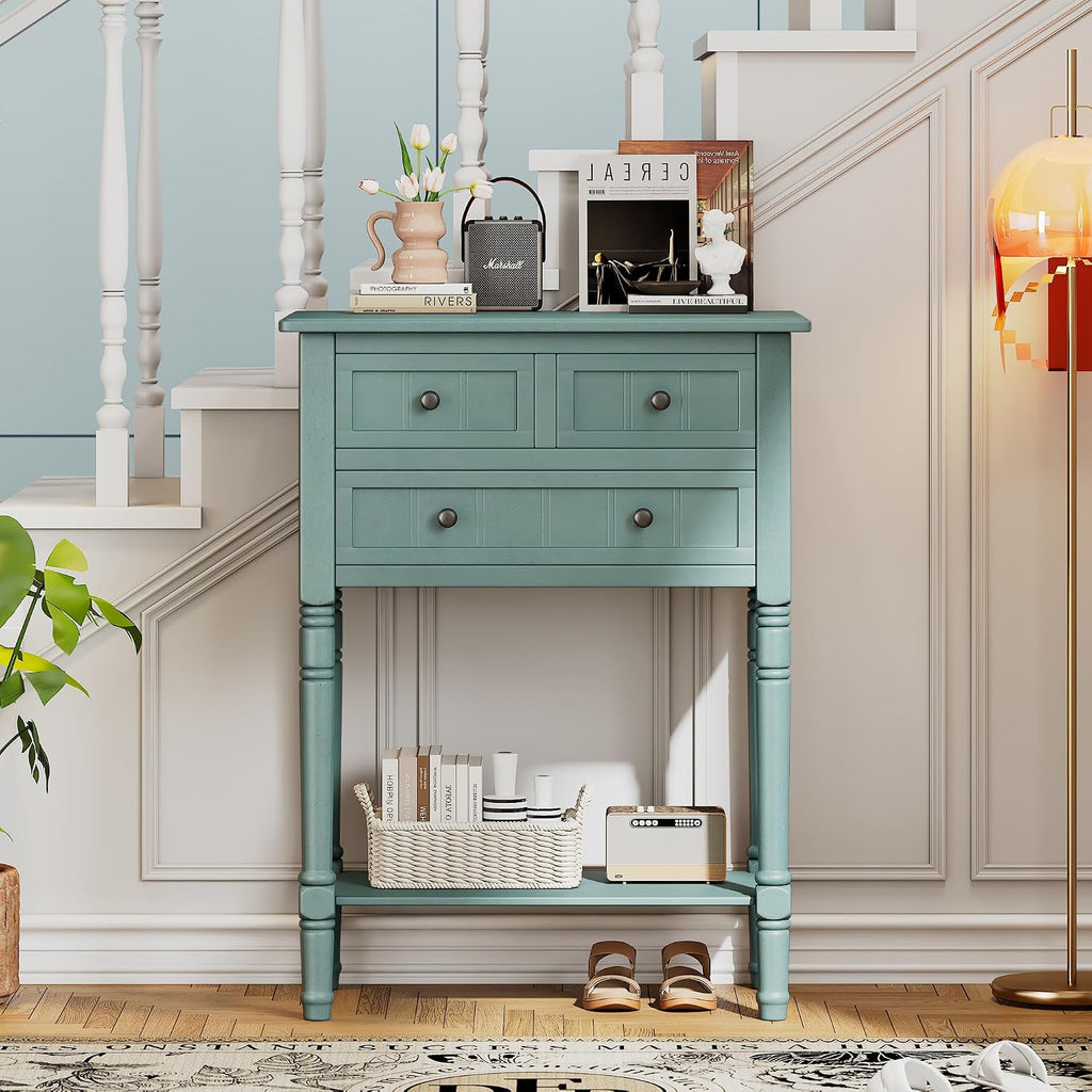 LKTART Solid Wood Sofa Table,Console Table with Drawers and Bottom Shelf, Entryway Hallway Foyer Entry Table for Living Room(23.7' Light Blue)