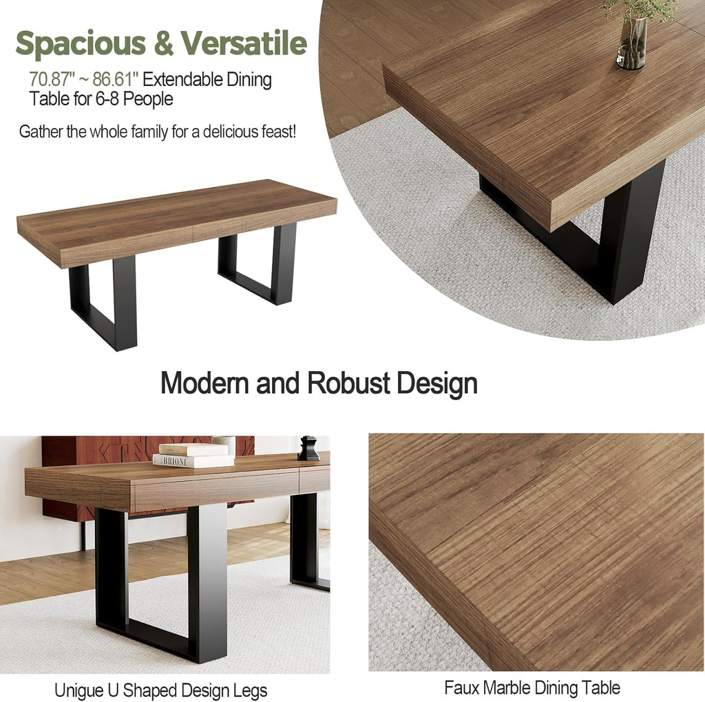 STHOUYN Farmhouse Rustic Extendable Dining Room Table for 8 10, 70.9' (86.6') x 31.5', Rectangular Dinner Table for 6-10, Mid Century Modern Expandable Retractable Wooden Kitchen Table (Brown)
