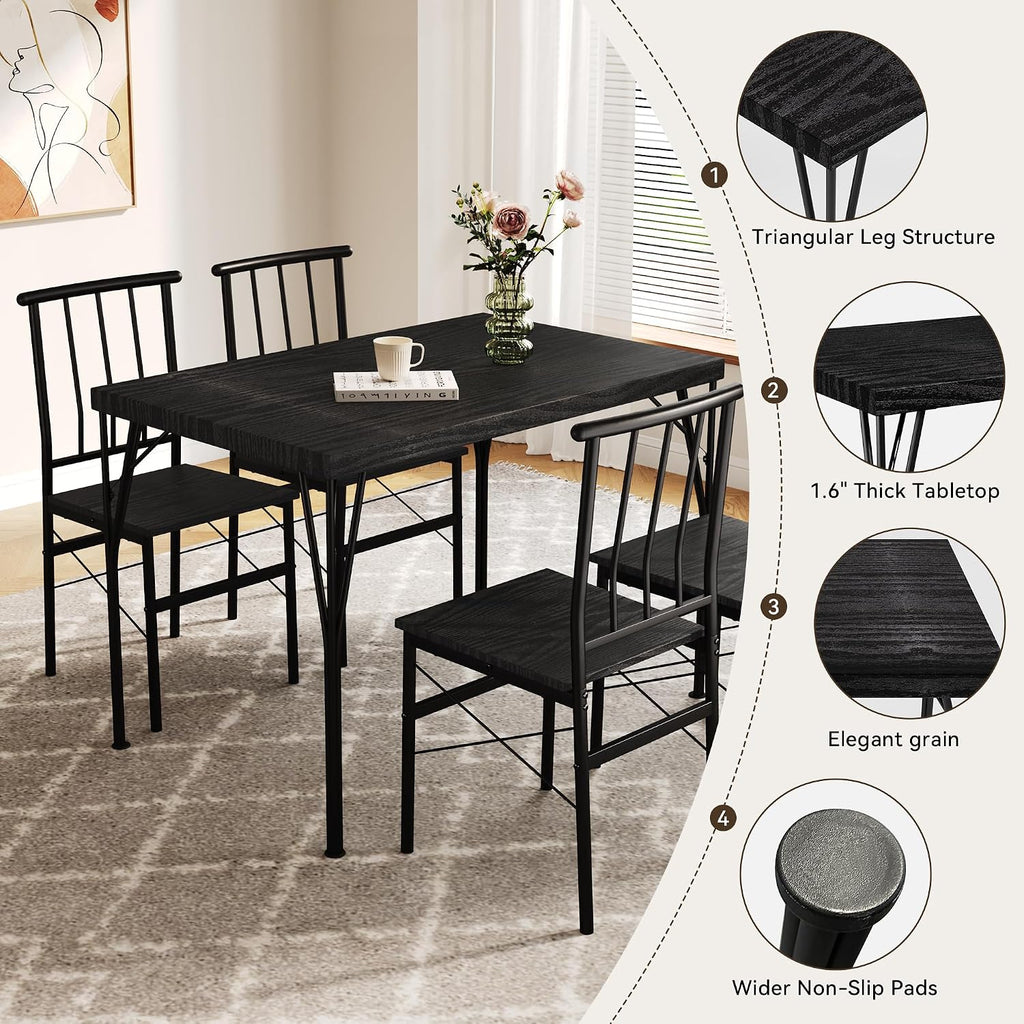 Dining Table Set for 4 with 1.6' Thick Tabletop, 5-Piece Kitchen Table Set, Space-Saving Rectangular Dining Room Kitchen Table Chair Set for Small Space,Dinette,Apartment,Rustic Black