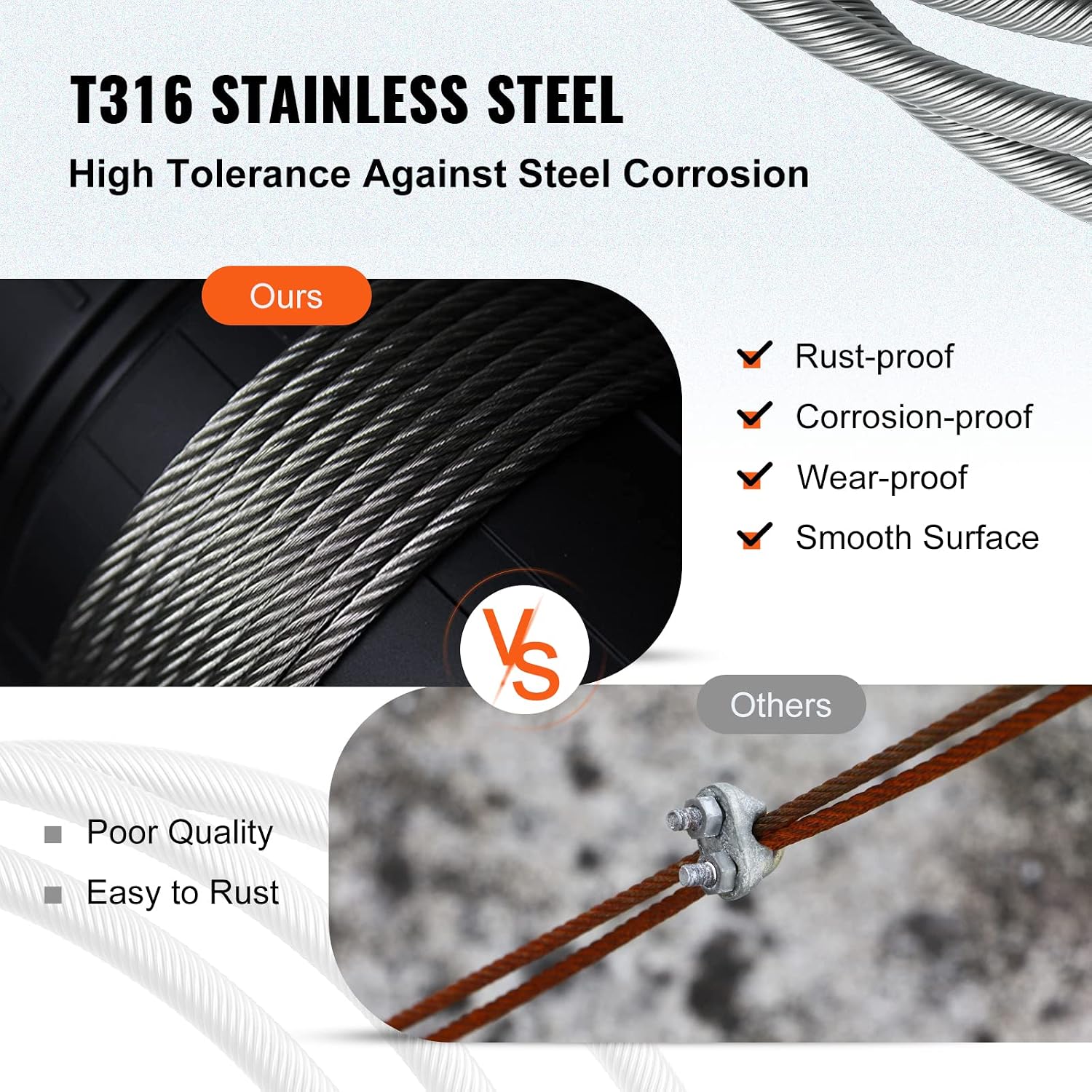VEVOR 3/16 Stainless Steel Wire Rope 500ft, T316 Steel Wire Cable, Deck Railing 1x19 Strands Construction, 4200LBS Breaking Strength for Stair Handrail Clothesline