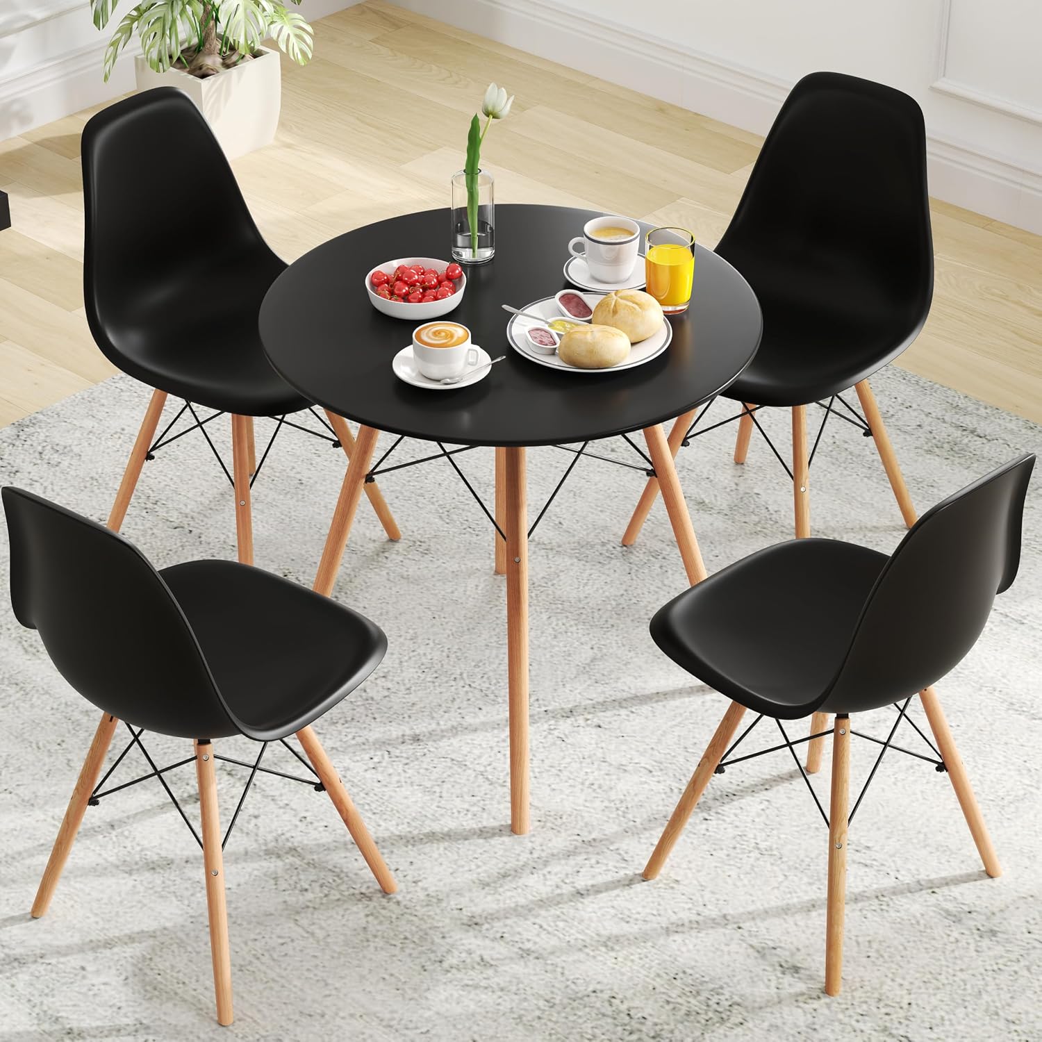 Tangkula Round Dining Table Set for 4, Modern Circle Kitchen Table & 4 Chairs with Ergonomic Seats and Solid Wood Legs, 5-Piece Dining Room Set for Small Spaces, Kitchen, Living Room