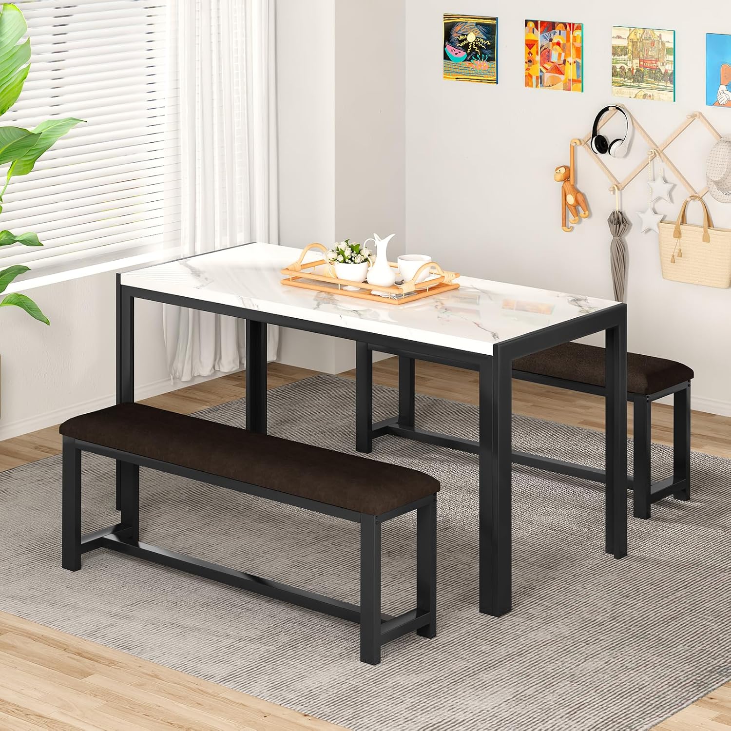DKLGG Dining Table Set for 4, Kitchen Table with 2 PU Leather Upholstered Bench, Faux Marble Dining Room Table with Bench for Small Space