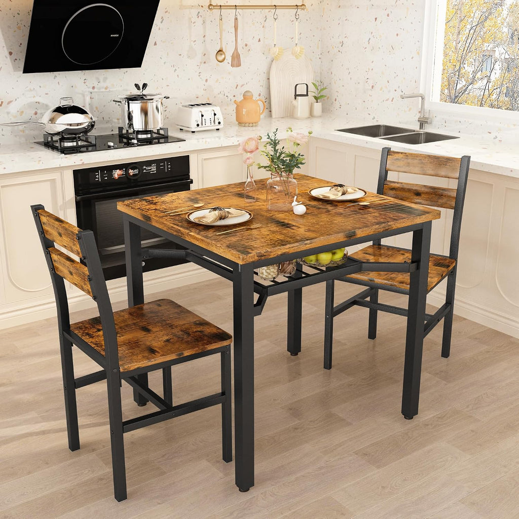Hooseng 3 Piece Dining Table Set for 2, Small Wooden Kitchen Table with Storage, Farmhouse Square Dinette Set for Dining Room, Breakfast Nook, Apartment, Small Space