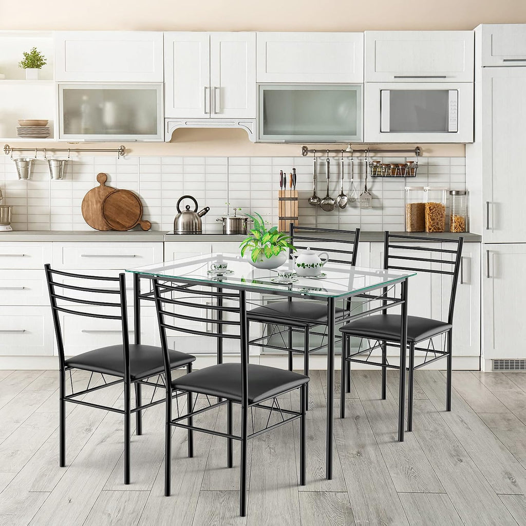Tangkula Dining Table Set, 5 Pieces Dining Set with Tempered Glass Top Table and 4 Chairs, Kitchen Dining Room Furniture, Black