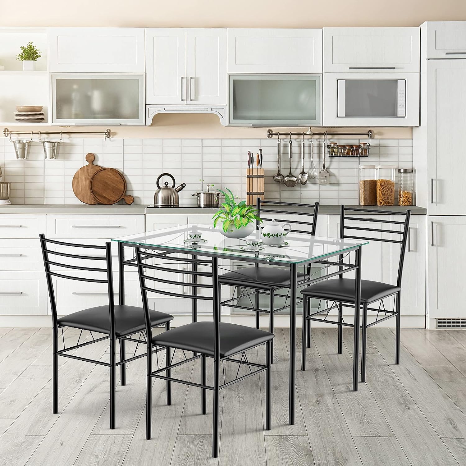 Tangkula Dining Table Set, 5 Pieces Dining Set with Tempered Glass Top Table and 4 Chairs, Kitchen Dining Room Furniture, Black