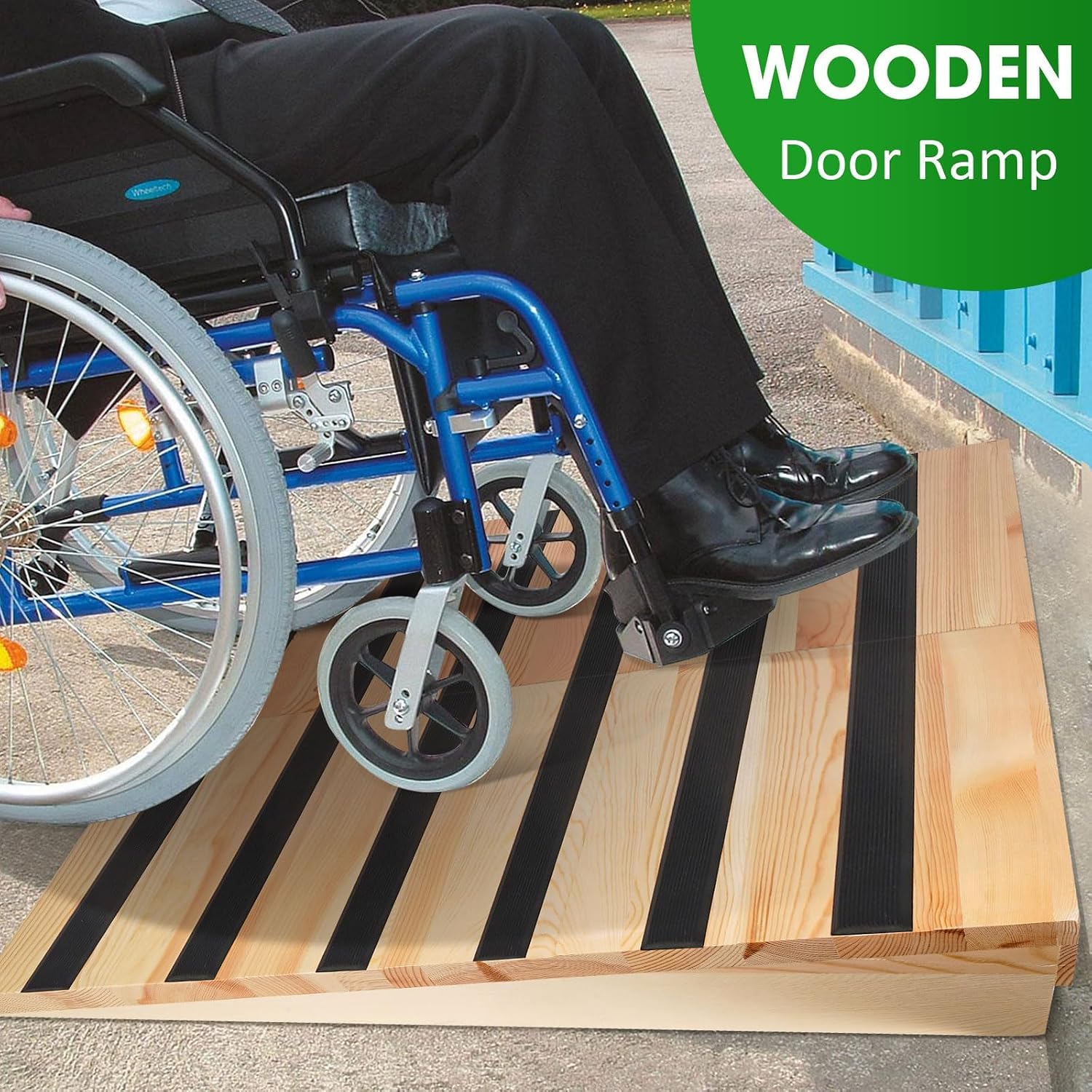 9' Rise Wooden Threshold Ramp for Home Steps, Door Ramp for Wheelchair/Walker/Cart/Scooter, Multipurpose Door Ramp with Non-Slip Stripes(35.4' W*9.0' H, Solid Wood, 800LBs Capacity)