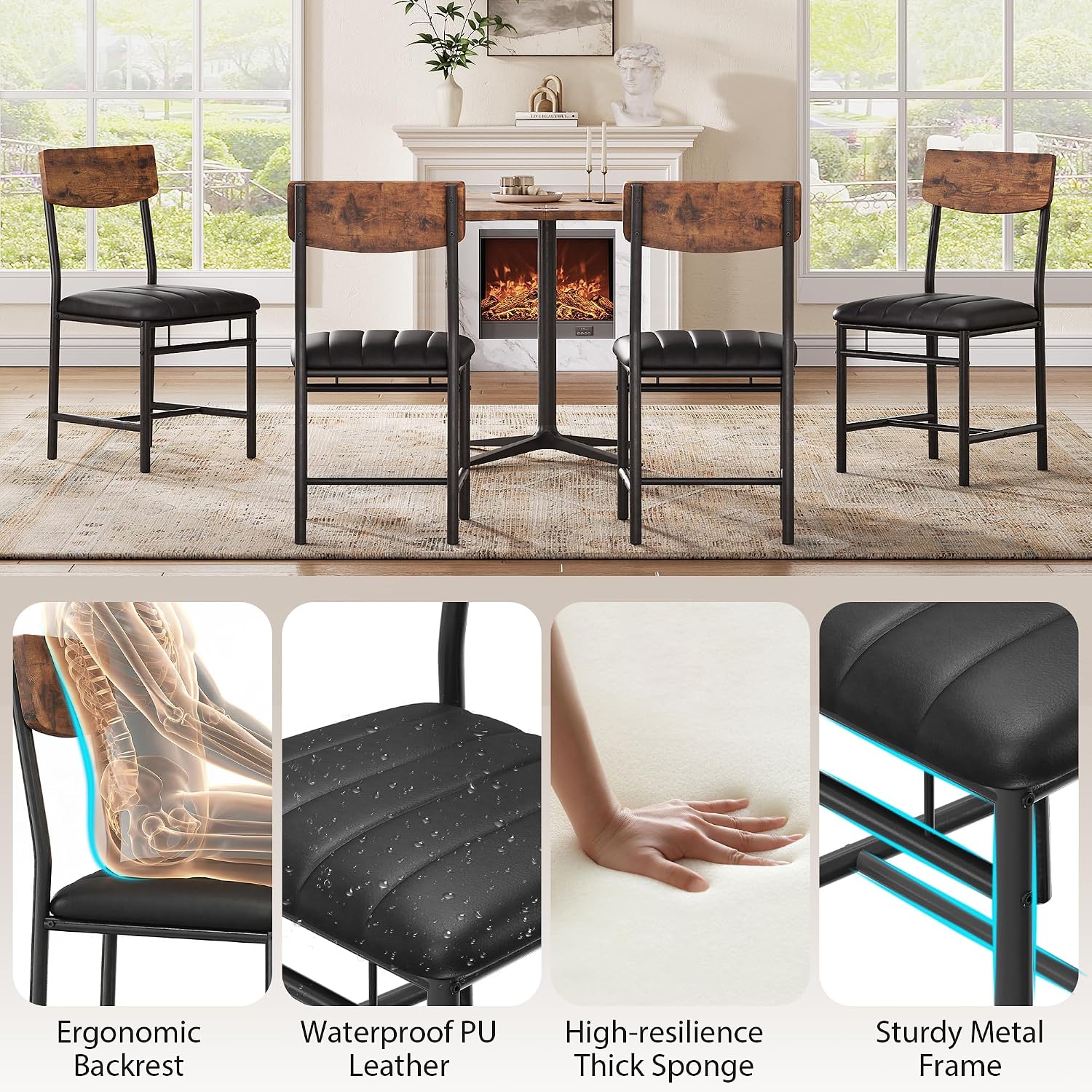 Jocoevol Industrial Dining Chairs Set of 6 - Upholstered Dining Room Chairs with PU Leather, Kitchen Chairs with Wooden Backrest and Thickened Metal Legs, for Dining Room, Living Room (6, Vintage)