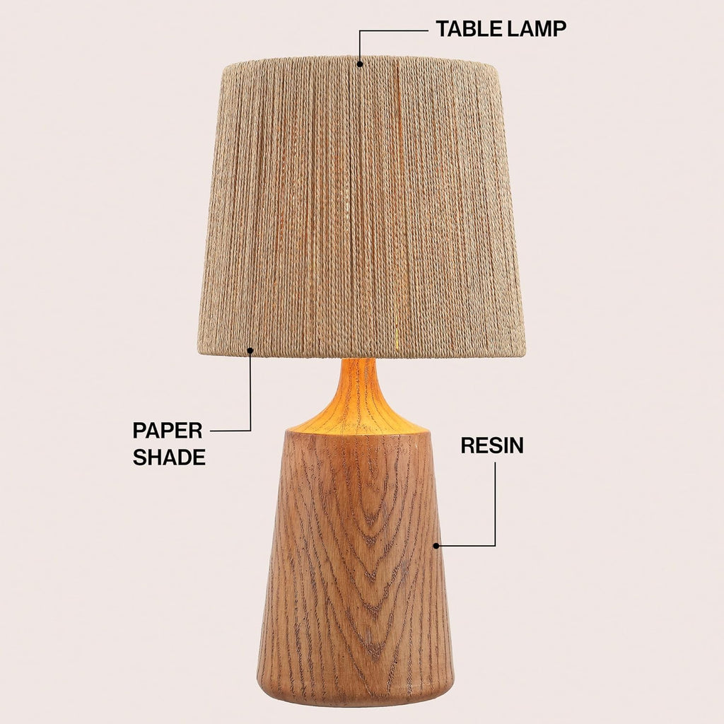 JONATHAN Y 22.25' Brown Wood Finish Classic Cottage Table Lamp for Bedroom, Tapered Resin Body with Brown Paper Rope Shade, LED Bulb Included JYL9201A