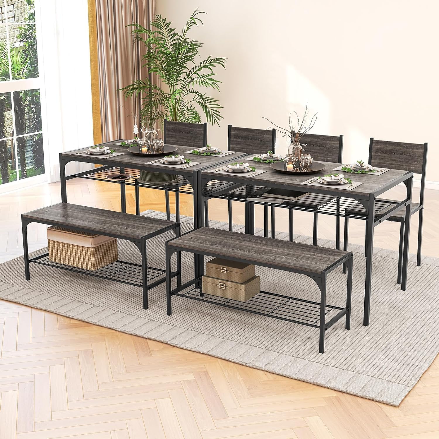 Tangkula Dining Table Set for 4, Kitchen Table and 2 Chairs for 4 with Bench, Additonal Storage Rack, 4 Piece Dining Table Set for Small Space, Apartment