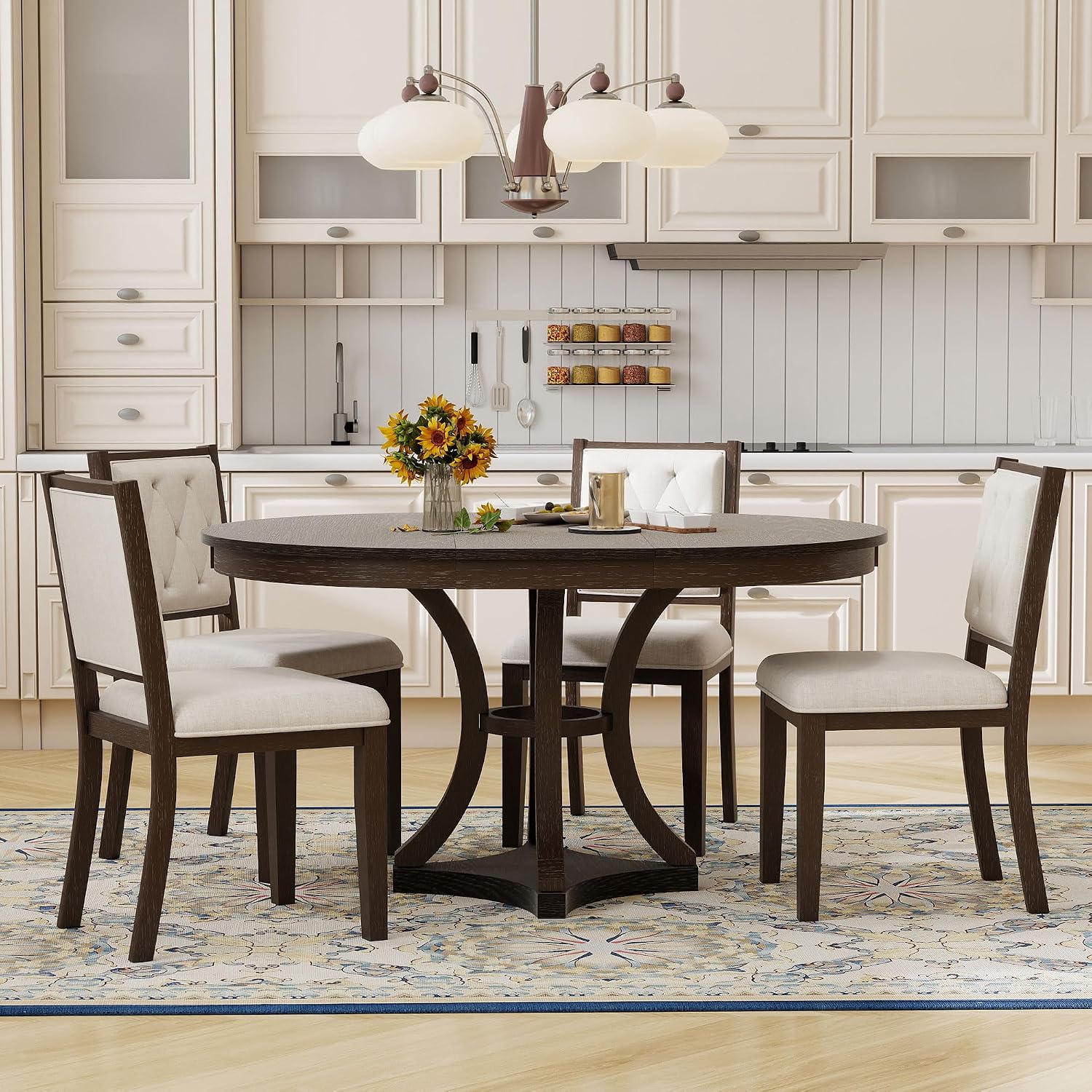 Bellemave Extendable Dining Table Set for 4, 5-Piece Retro Round Table Set with 4 Upholstered Chairs, Round Table with a 16' W Leaf, Oval Kitchen Table Set with Extendable Table (Espresso)