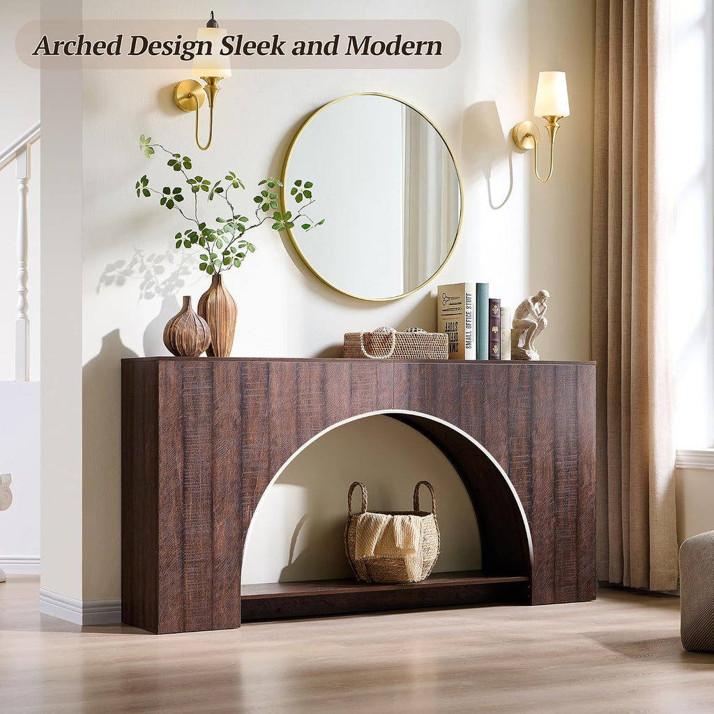IFGET 63' Arched Console Table, 2-Tier Modern Entryway Table with Arched Base, Narrow Long Wood Sofa Table Behind Couch Table for Living Room, Hallway, Foyer, Brown
