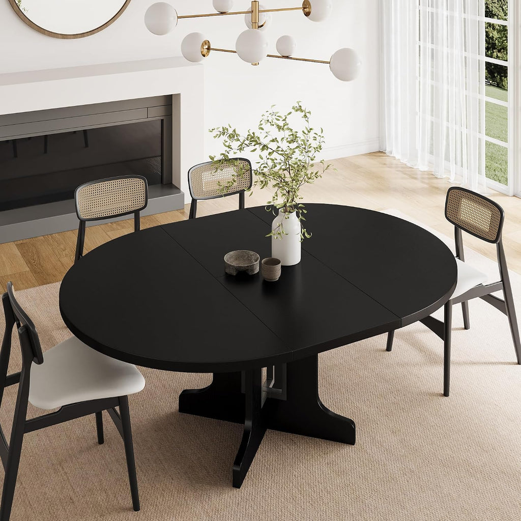 Feonase 59' Round Extendable Dining Room Table for 4-6, Modern Oval Kitchen Table with Heavy Duty Wood Base, Metal Frame Support, for Kitchen Dining Living Room, Easy Assembly, Black