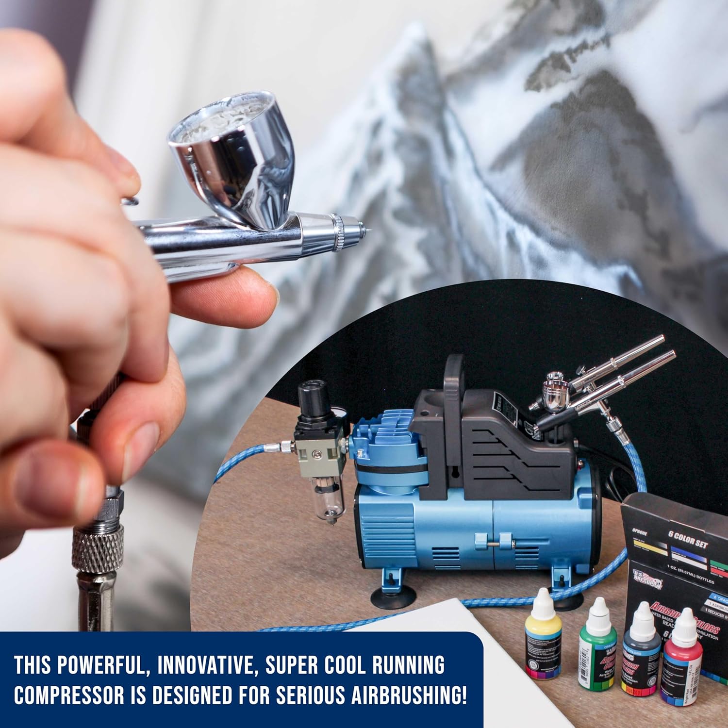 Master Airbrush 1/5 HP Cool Runner Dual Fan Air Compressor Kit Model TC-420 - Professional Single-Piston with 2 Cooling Fans, Longer Running Time without Overheating, Regulator Water Trap Holder