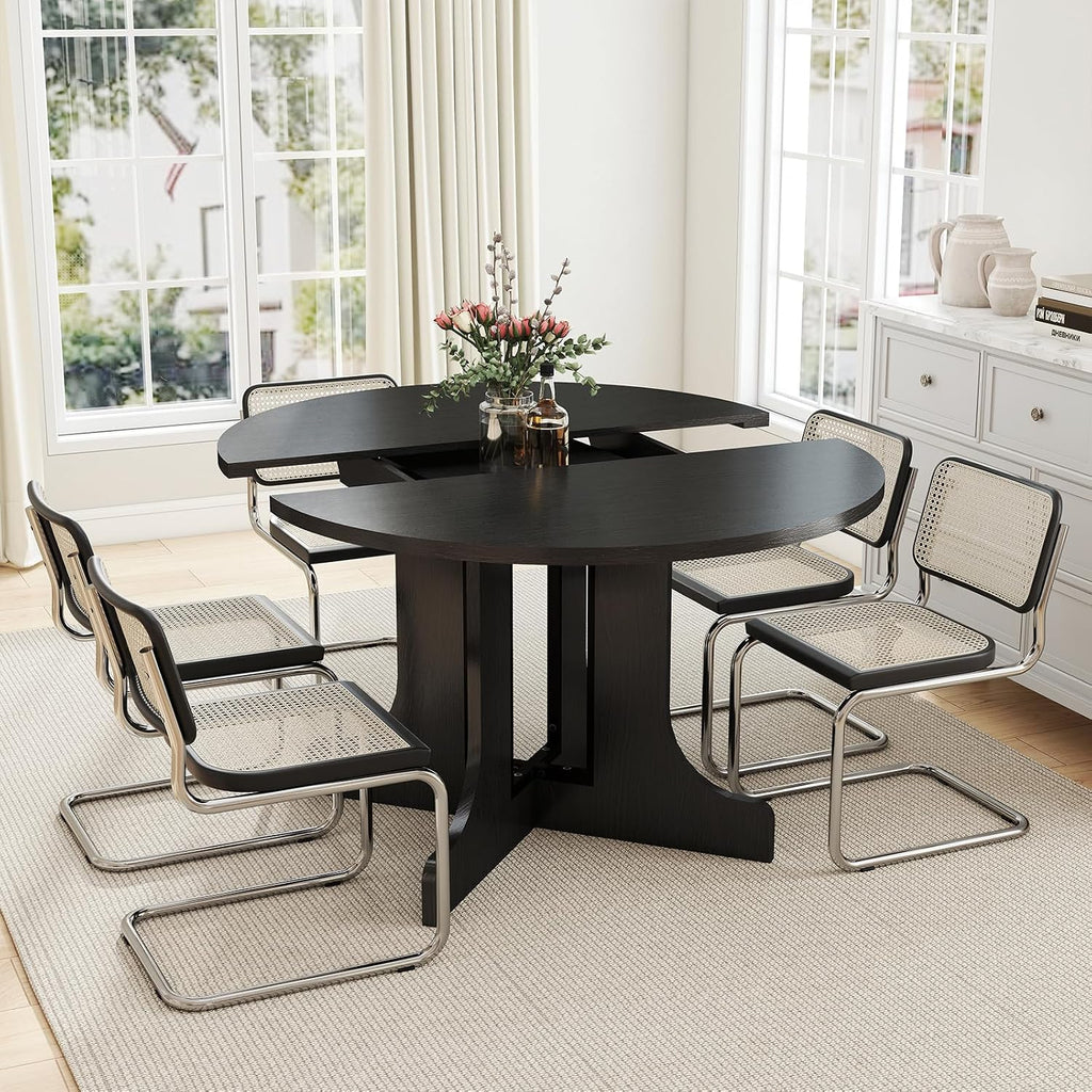 Zevemomo 43'-59' Round Expandable Dining Table, Extendable Dining Room Table for 4-6, Oval Tabletop with Wood Base Removable Leaf, Modern Black Circle Dinner Table for Kitchen Room Living Room