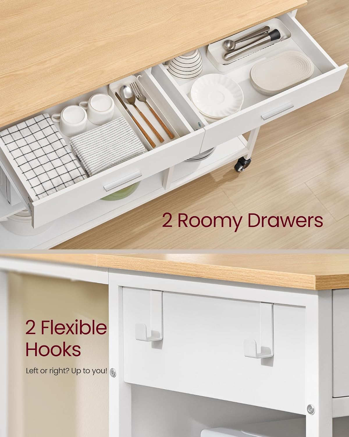 VASAGLE Kitchen Rolling Island, Mobile Kitchen Cart with Storage on Wheels, 27.6 x 43.3 x 35.4 Inches, 2 Drawers, 2 Hooks, for Dining Room, Oak Beige and Matte White UKKI011Y01