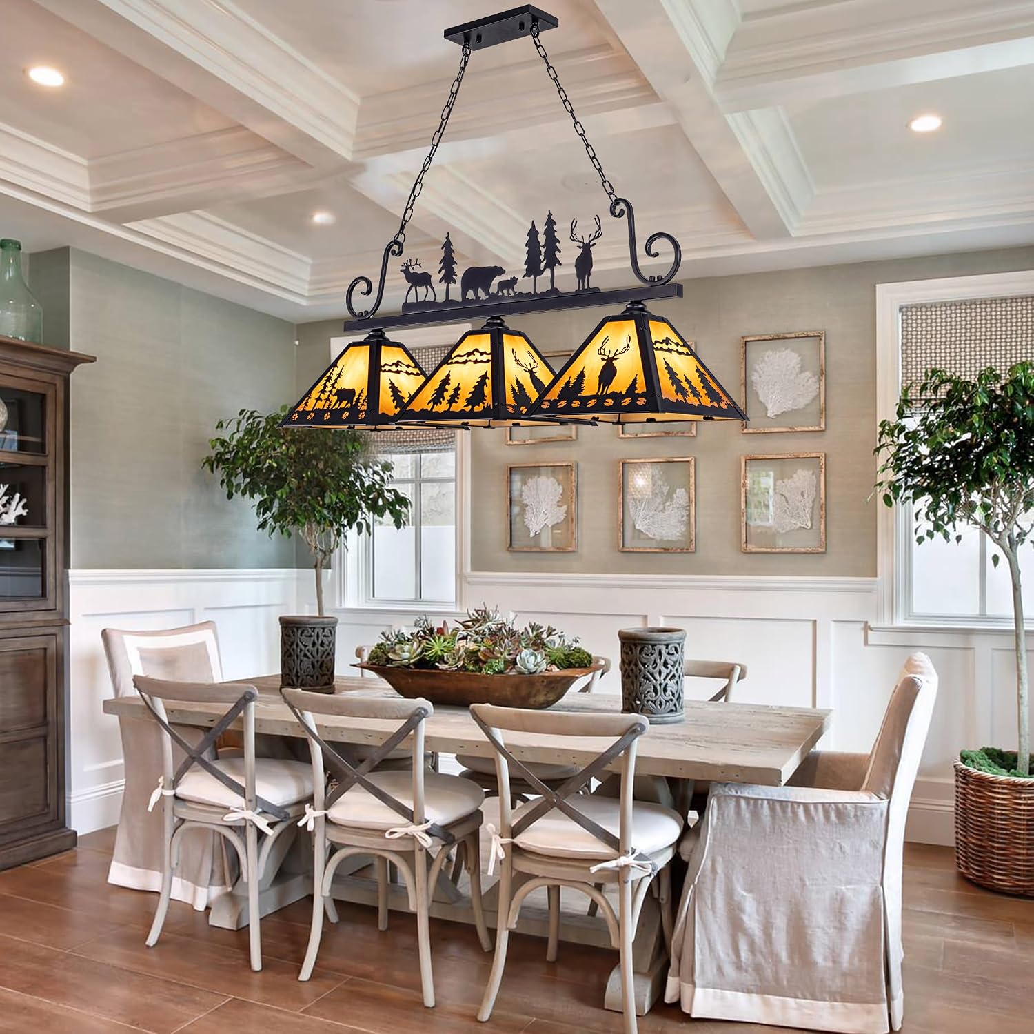 TOCHIC Tiffany Pool Table Light, 3 Lights Vintage Dining Room Chandelier Kitchen Island Light Fixture, Rustic Farmhouse Billiards Table Lamp for Game Room, Billiard Room, Cabin, 48' L