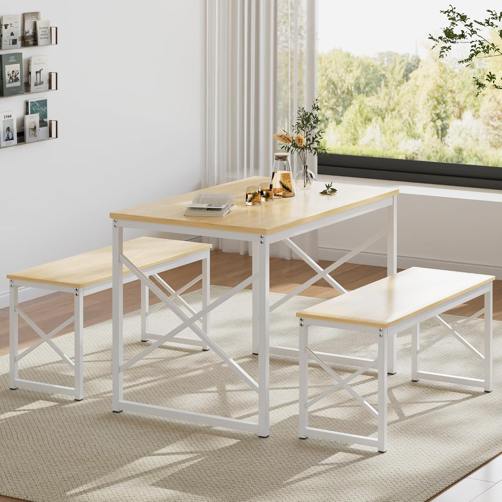VECELO Kitchen Dining Table Benches Set for 4, 43.3' Wooden Dinette with 2 Benches, Heavy-Duty Dining Room Table for Small Space, Breakfast Nook, Natural Oak