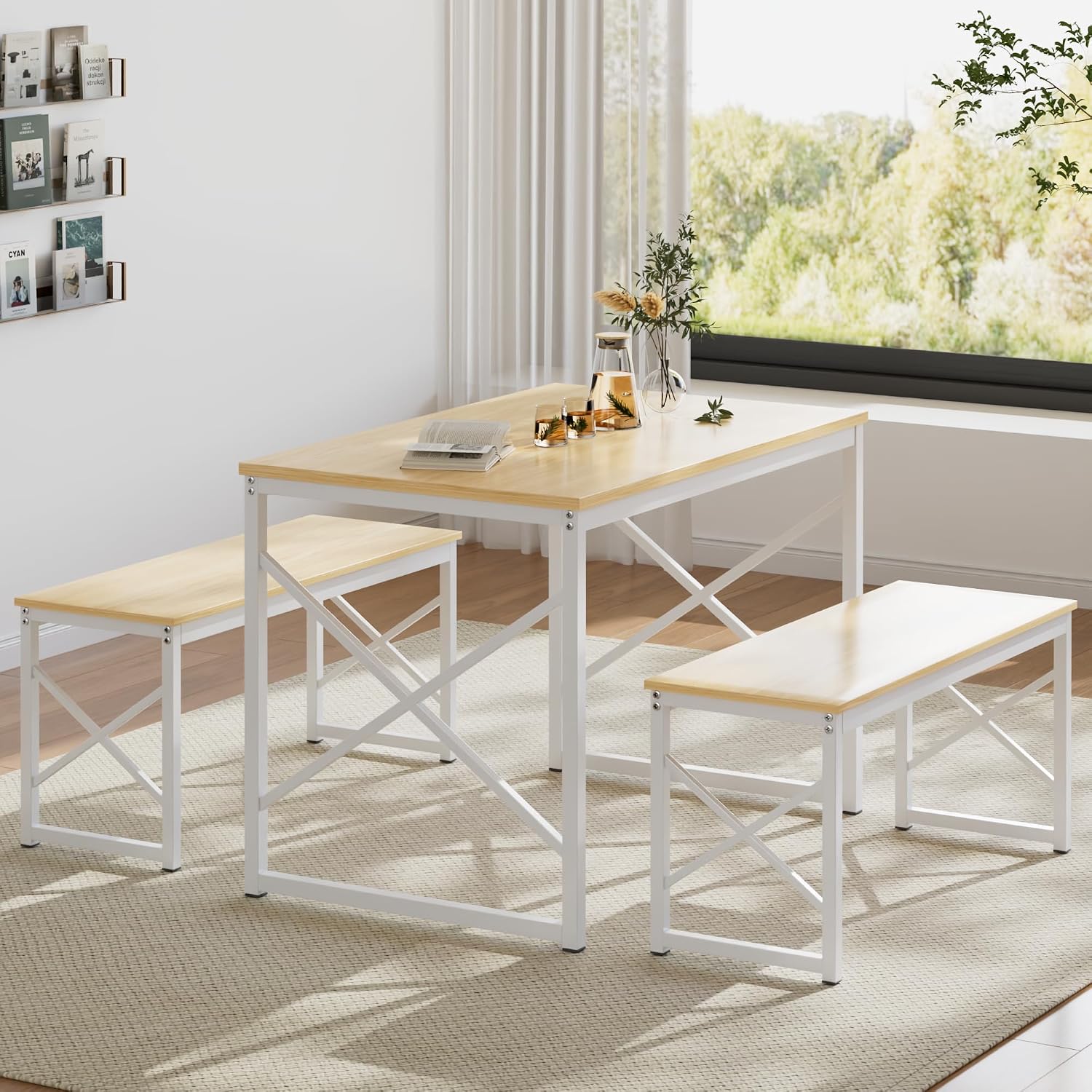 VECELO Kitchen Dining Table Benches Set for 4, 43.3' Wooden Dinette with 2 Benches, Heavy-Duty Dining Room Table for Small Space, Breakfast Nook, Natural Oak