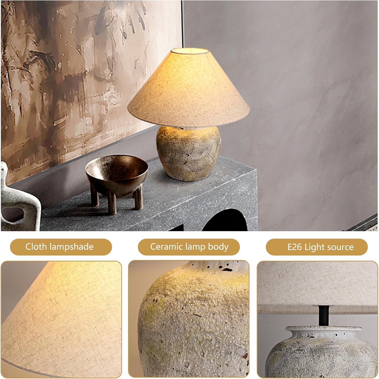 Farmhouse Table Lamps White Clay Pot Ceramic Lamps Creative Ceramic Lamp Body with White Textured Shade Bedside Nightstand Lamp for Bedroom Living Room Office