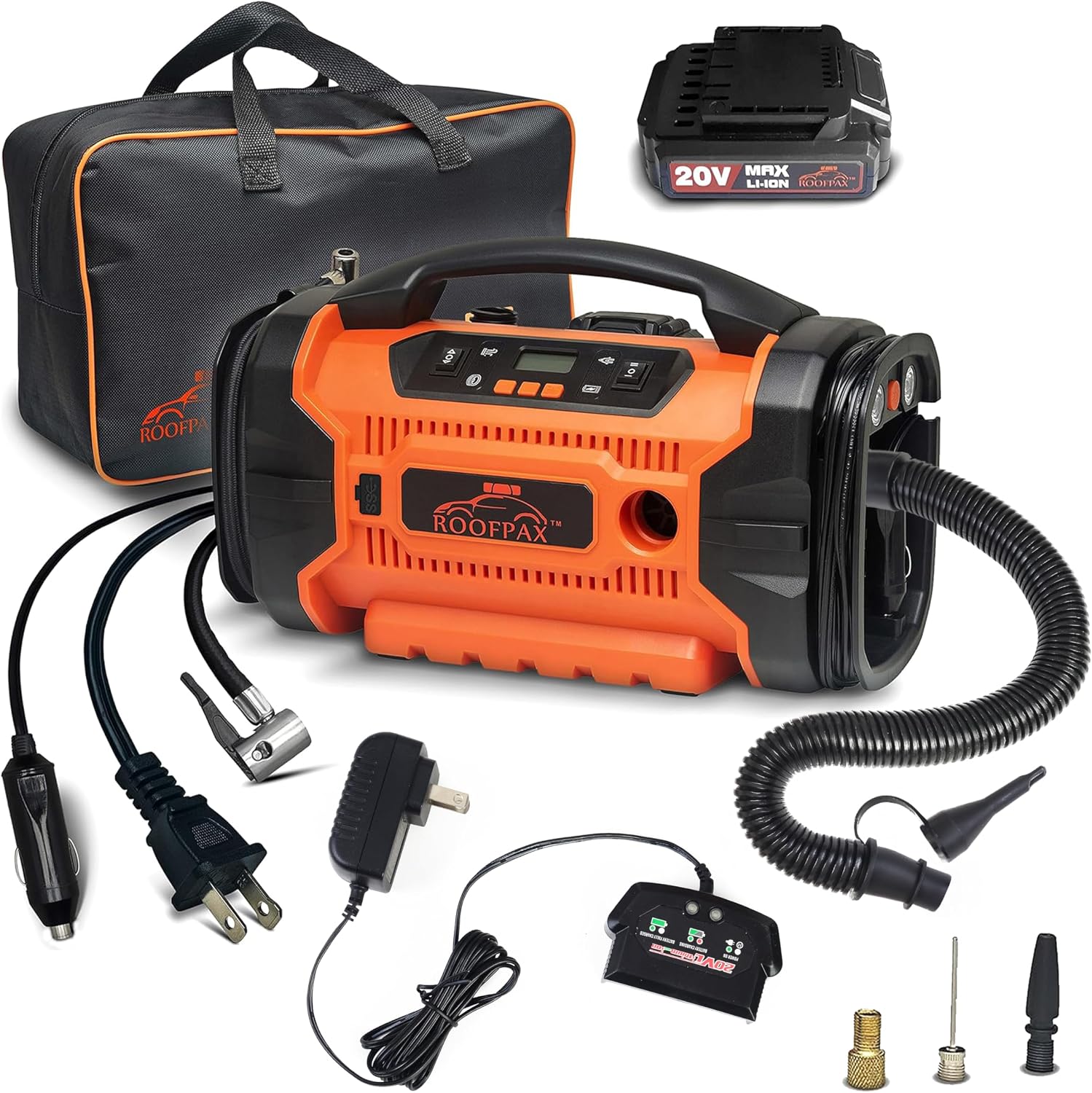 RoofPax Tire Inflator Portable Air Compressor for Car Tires 3 Power Sources AC/DC & Battery Heavy Duty Inflator/Deflator Digital Car Air Pump with Pressure Gauge 12V 110 AC 160 PSI For Car RV & Truck