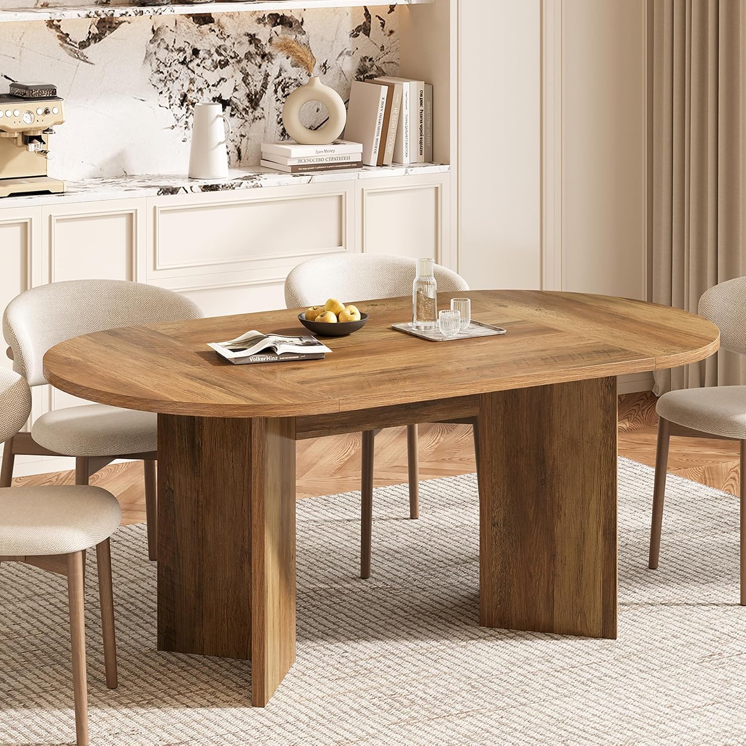 LITTLE TREE 63' Rustic Oval Dining Table for 2-4, Sturdy MDF Farmhouse Kitchen Table with Metal Strip Base, for Living Room, Office, Restaurant, Multi-Use, Umber