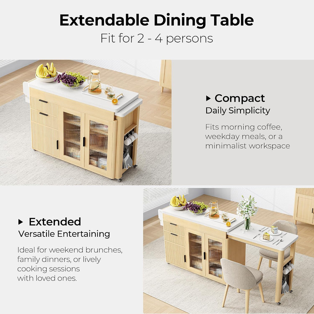 IRONCK 78.7' Kitchen Island with Extendable Dining Table, Rolling Kitchen Cart on Wheels with Quartz Laminate Top, Storage Cabinet, Spice Rack, Shelf & Drawer for Dining Room (Oak)