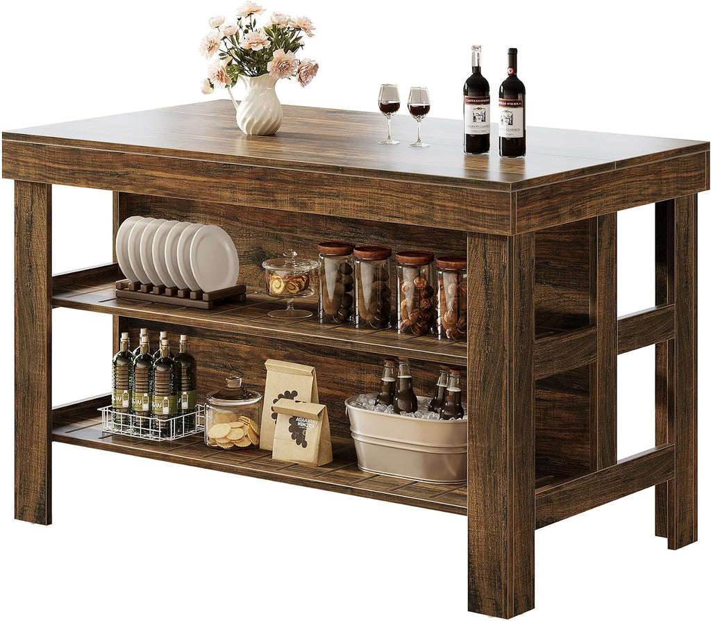 Tribesigns Kitchen Island with Seating and Storage Shelves, 55.1-Inch Breakfast Counter Farmhouse Island Table for Kitchen Dining Room (Deep Brown)