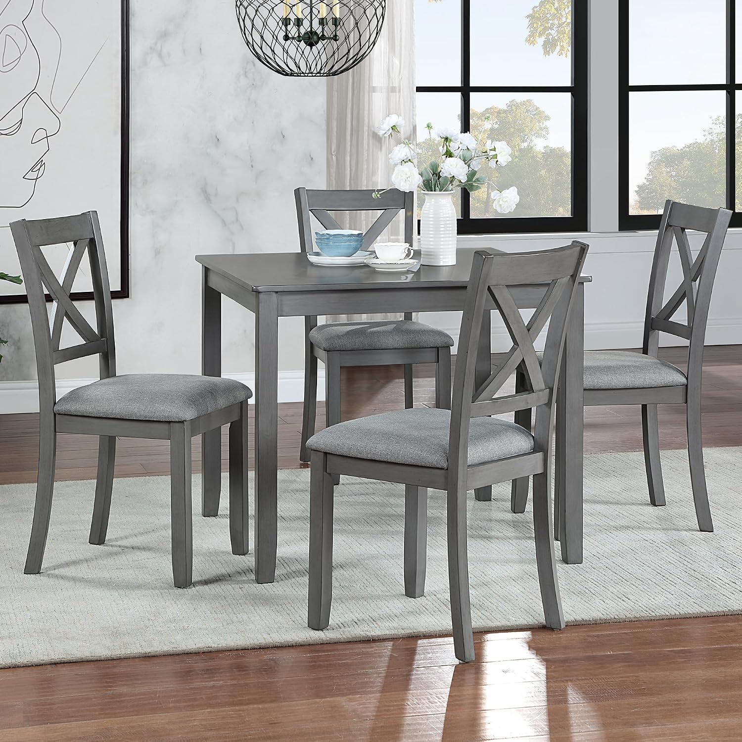 Harper & Bright Designs Modern 5-Piece Wooden Dining Table Set for 4, Grey Square Kitchen Table & 4 Upholstered Seating Chairs, Acacia/Birch Veneer, Space-Saving Design for Dining Room & Small Spaces
