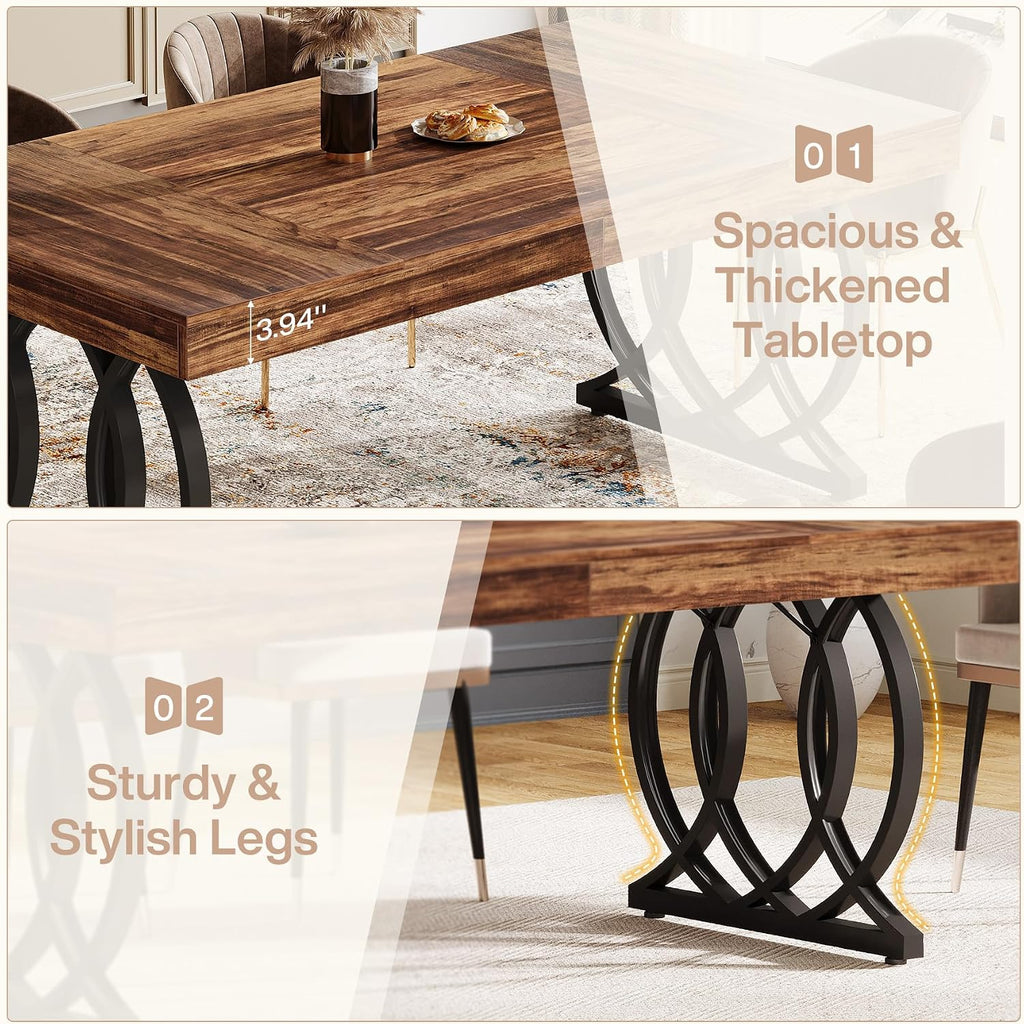 Tribesigns 63-Inch Dining Table for 4-6, Modern Kitchen Table with Faux Marble Tabletop and Geometric Legs, Rectangle Dining Room Furniture for Living Room, Kitchen, Rustic Brown and Black