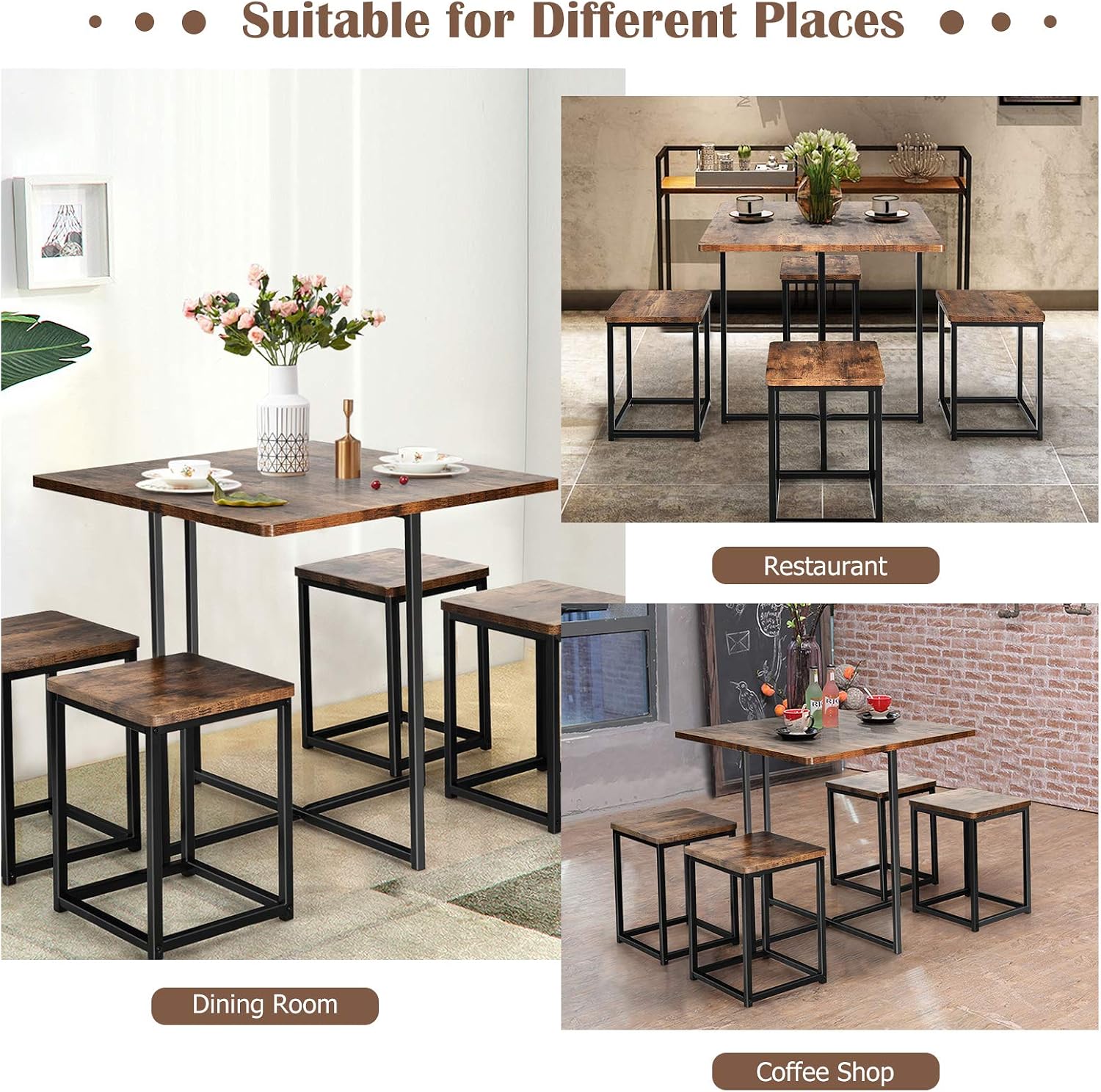 Giantex 5 Piece Dining Table Set, Dining Set for 4 with Square Stools, Small Kitchen Table Set with Metal Frame, Compact Design for Small Space, Home Kitchen Bar Pub Apartment
