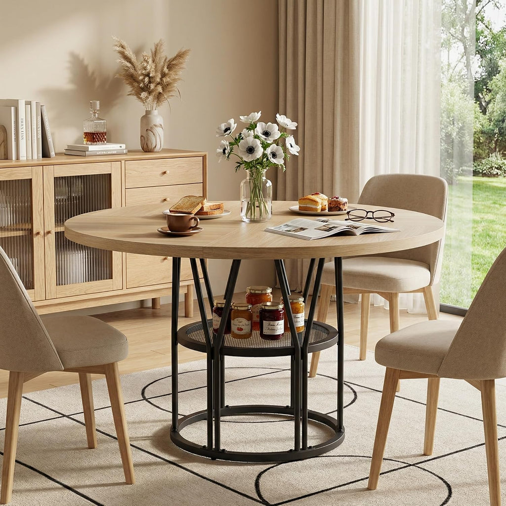 Garvee Round Dinning Table for 4-6 - 47' Circle Dinner Table with Storage Shelf & Sturdy Metal Frame, Modern Breakfast Tea Desk for Kitchen, Living Room, Apartment, Office, Natural