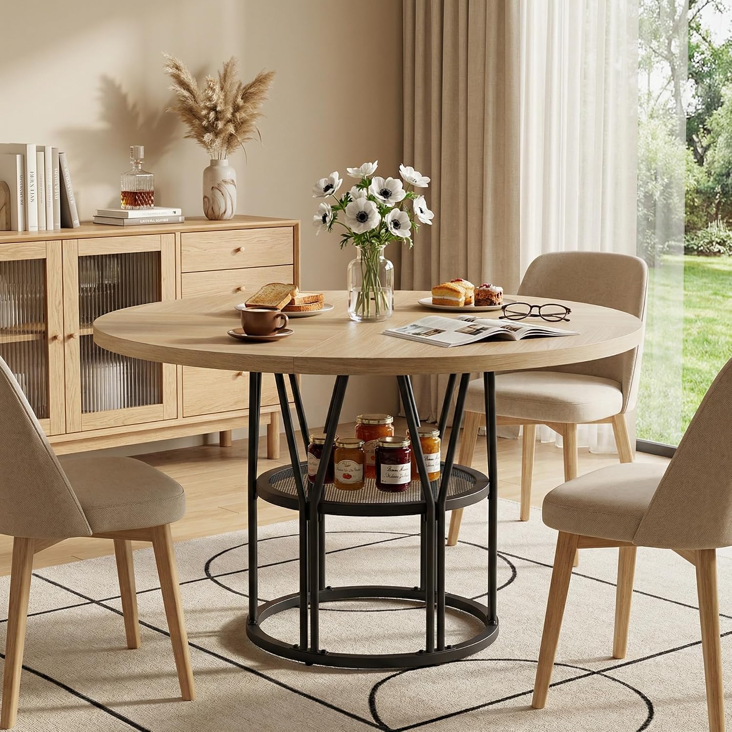 Garvee Round Dinning Table for 4-6 - 47' Circle Dinner Table with Storage Shelf & Sturdy Metal Frame, Modern Breakfast Tea Desk for Kitchen, Living Room, Apartment, Office, Natural