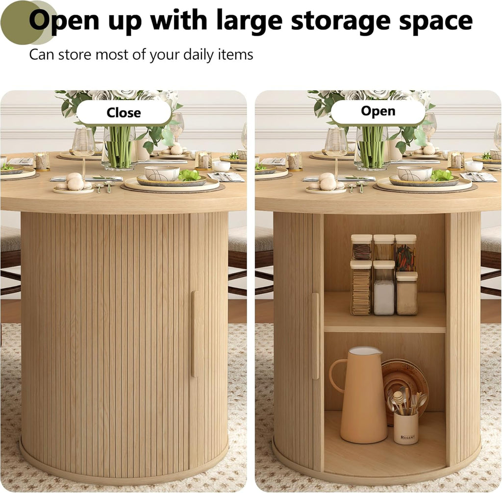 weselon 47 inch Round Dining Table for 4, Kitchen Table Dinner Table with 2-Layer Storage Shelf and Wood Slide Door for Home Dining Room Living Room (Natural)