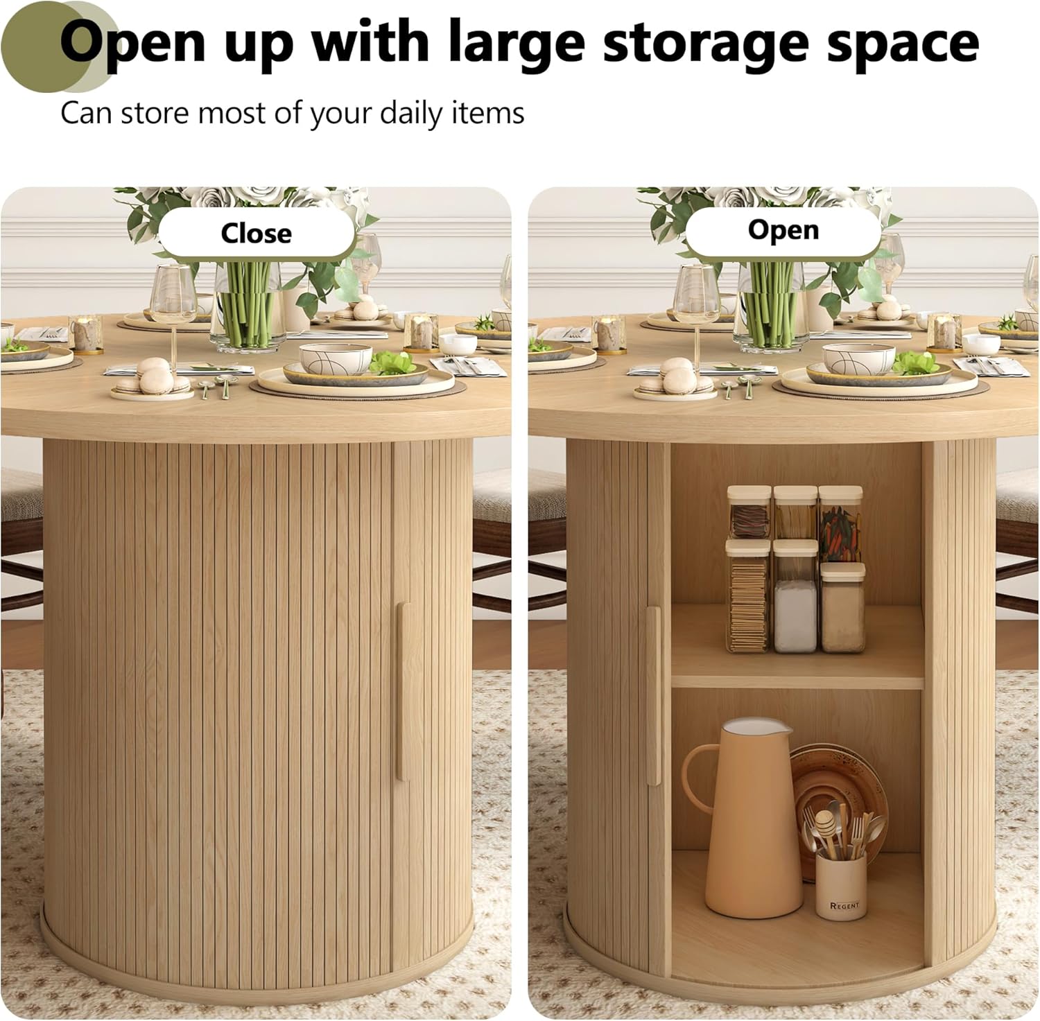 weselon 47 inch Round Dining Table for 4, Kitchen Table Dinner Table with 2-Layer Storage Shelf and Wood Slide Door for Home Dining Room Living Room (Natural)