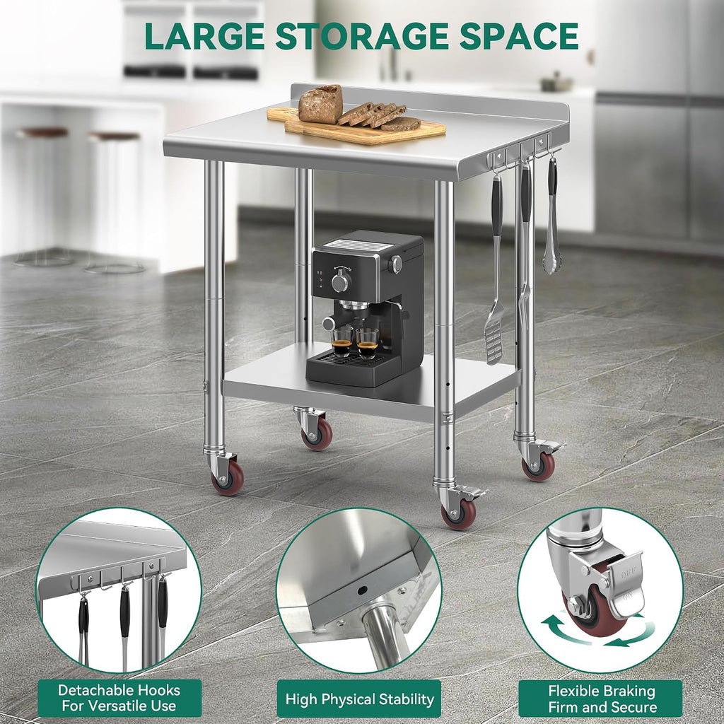 YITAHOME 30' x 24' Stainless Steel Table with Wheels for Prep & Work with Backsplash, NSF Metal Table Prep Table with Undershelf for Home Kitchen Restaurant Garage Warehouse