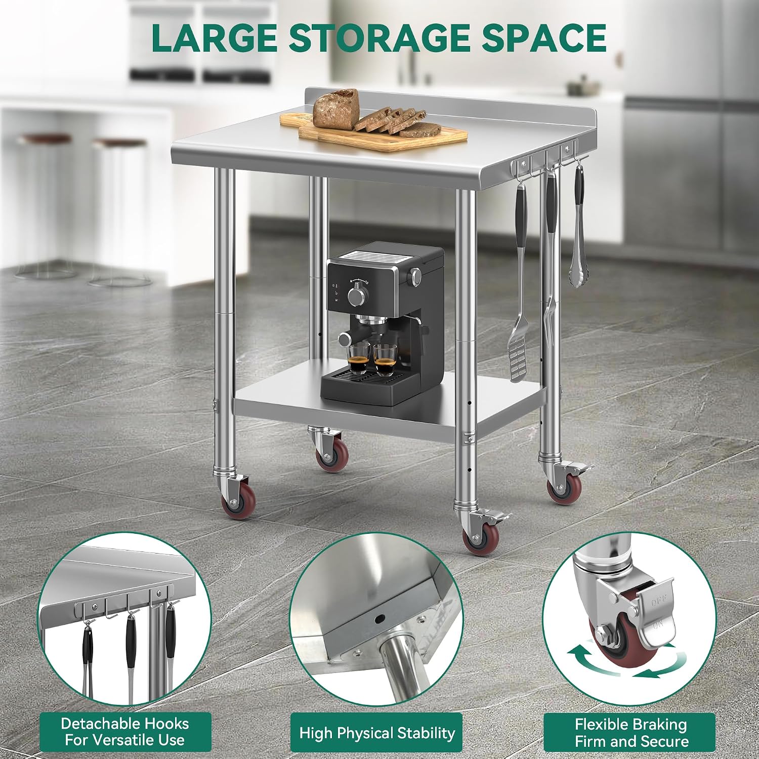 YITAHOME 30' x 24' Stainless Steel Table with Wheels for Prep & Work with Backsplash, NSF Metal Table Prep Table with Undershelf for Home Kitchen Restaurant Garage Warehouse