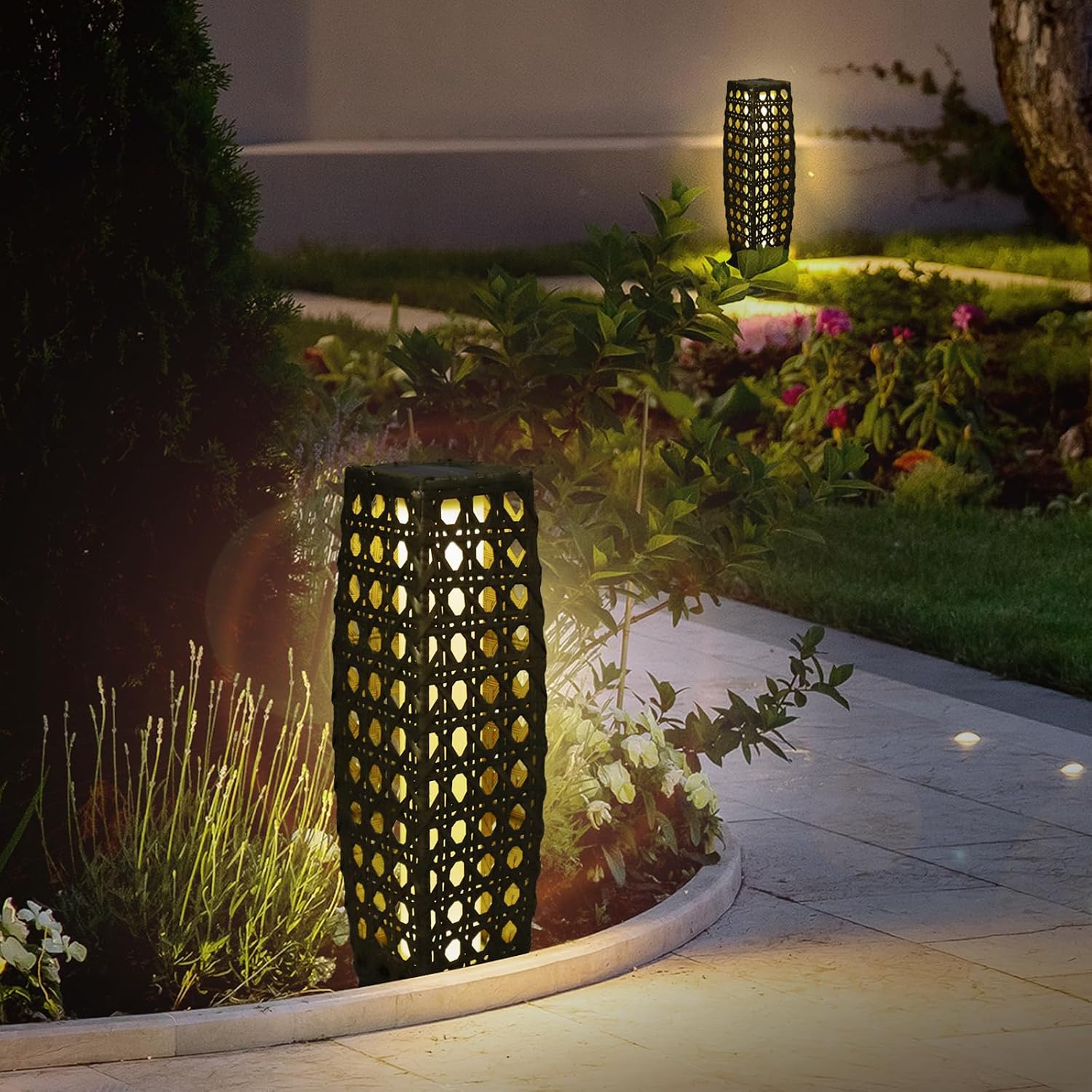 Solar Powered Outdoor Floor, 2 Piece Solar Outdoor Floor Lamps Lanterns Waterproof, Resin Wicker Weather-Resistant Rattan Deck Light for Patio, Lawn, Porch, Garden