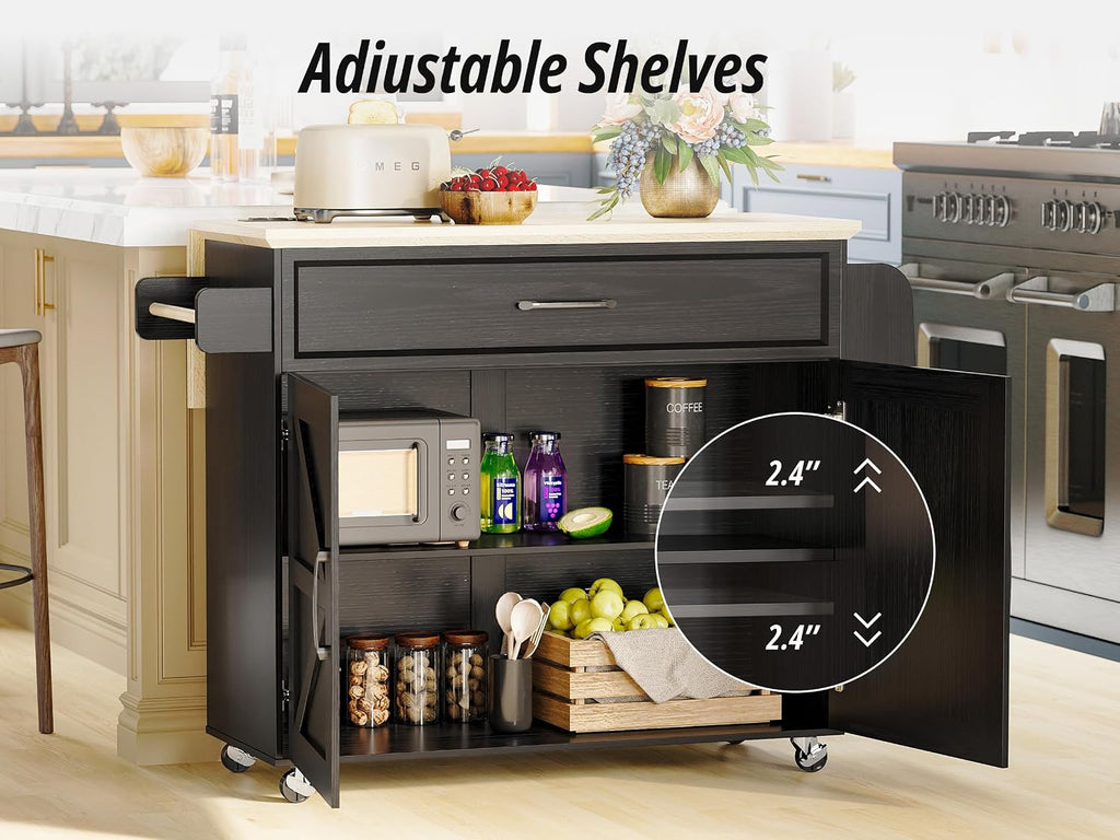 IRONCK Kitchen Island Cart with Storage, Rolling Kitchen Table with Power Outlet, Storage Cabinets on Wheels with Drop Leaf, Portable for Dining Room, Black