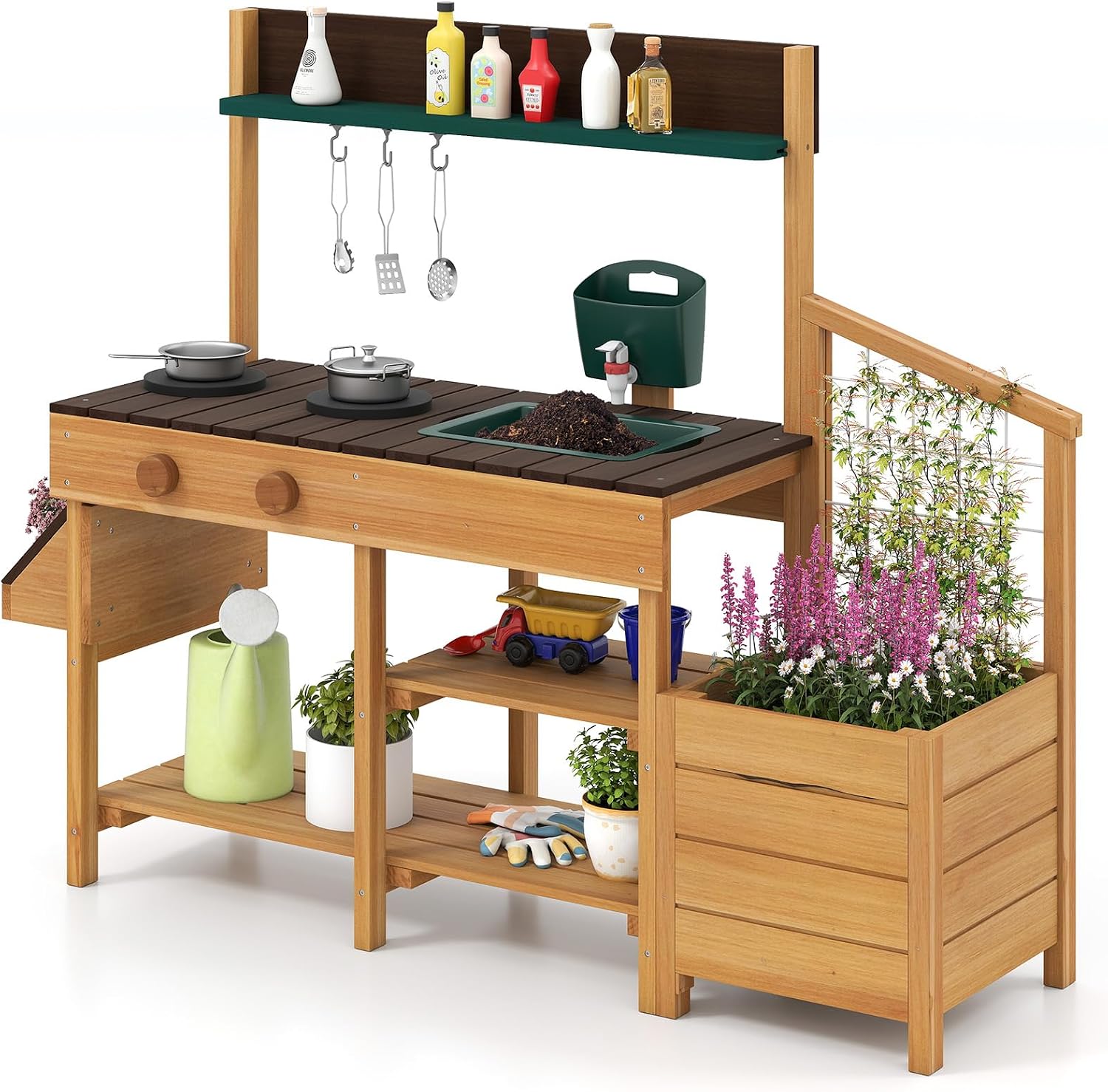 HONEY JOY Mud Kitchen, Cedar Wood Pretend Play Kitchen for Toddlers, Plant Growing Box & Trellis, Real Faucet w/Running Water, Sink, Accessories, Outdoor Kids Kitchen Playset for Garden Fun(Natural)