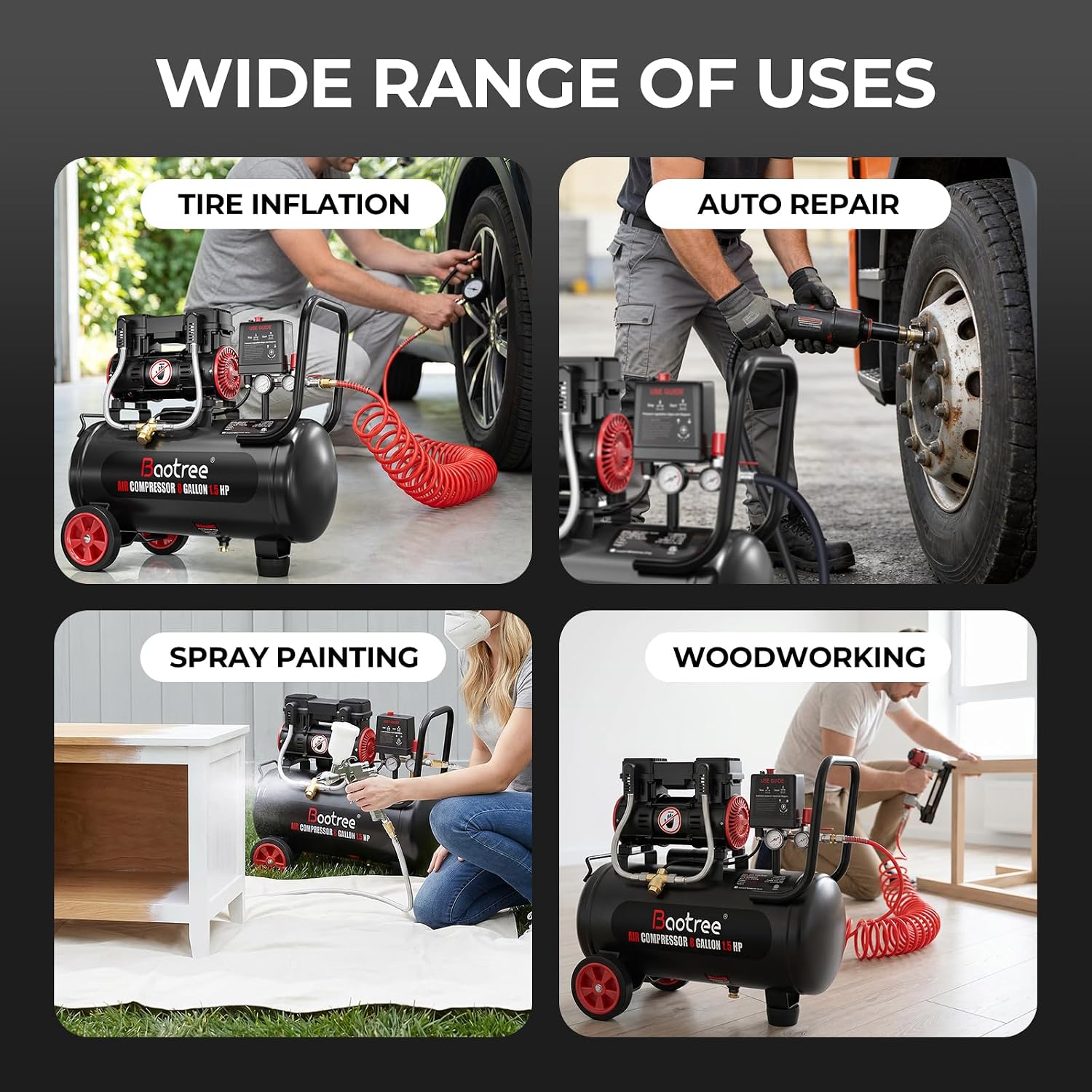 8 Gallon Ultra Quiet Air Compressor with Two Quick Couplers, 1.5HP MAX 115PSI Oil-Free Air Compressor Steel Tanks, 70dB Air Compressor with Wheels for Spray Painting, Auto Repair, Woodwork Nailing