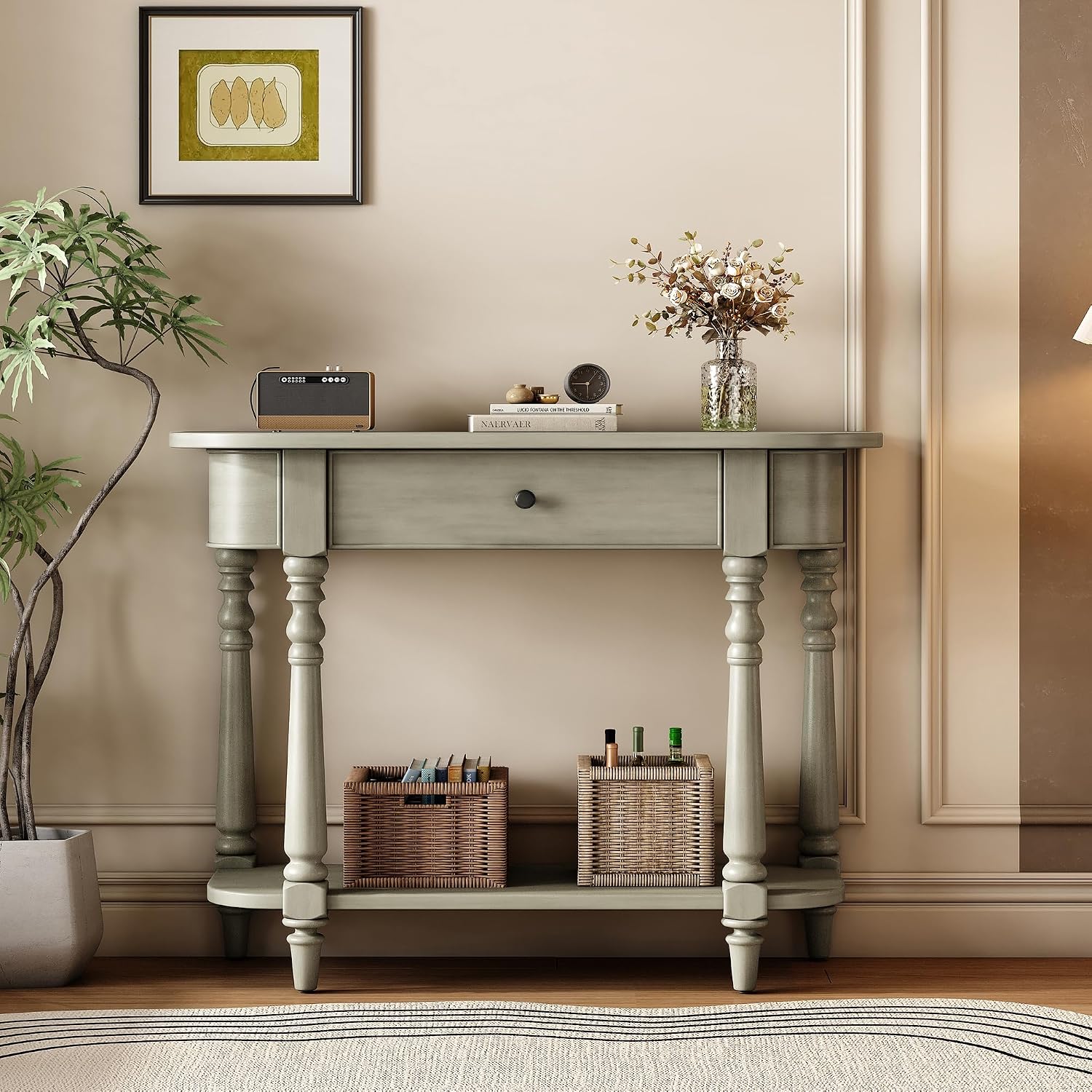 LKTART Small Entryway Table with Solid Wood Frame and Legs,2 Tier Farmhouse Console Table with Open Shelf for Hallway,Couch Table Behind Sofa for Living Room,Hallway,Foyer(Gray 36')