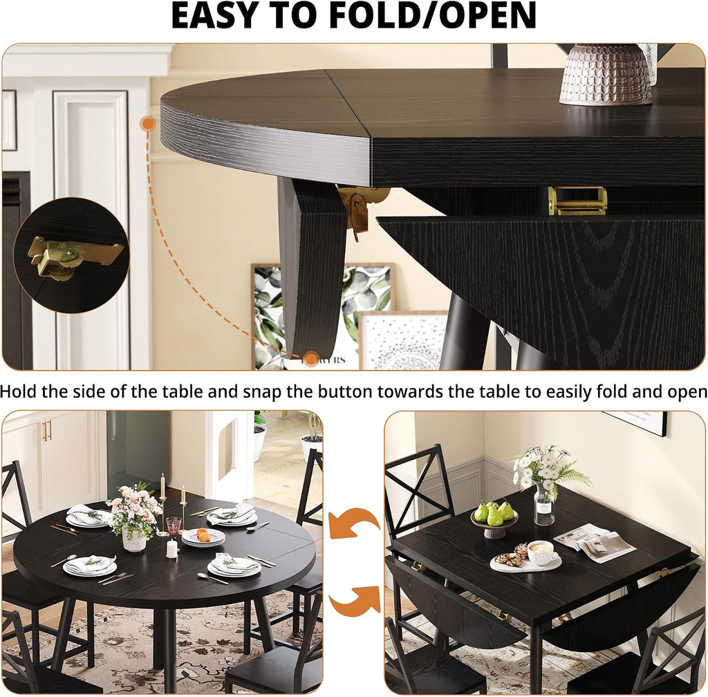 IRONCK Dining Table Set for 4, Round Kitchen Table and 4 Stool Chair for Dining Room, 44.5inch Drop Leaf Desk, Small Space Saving, Black