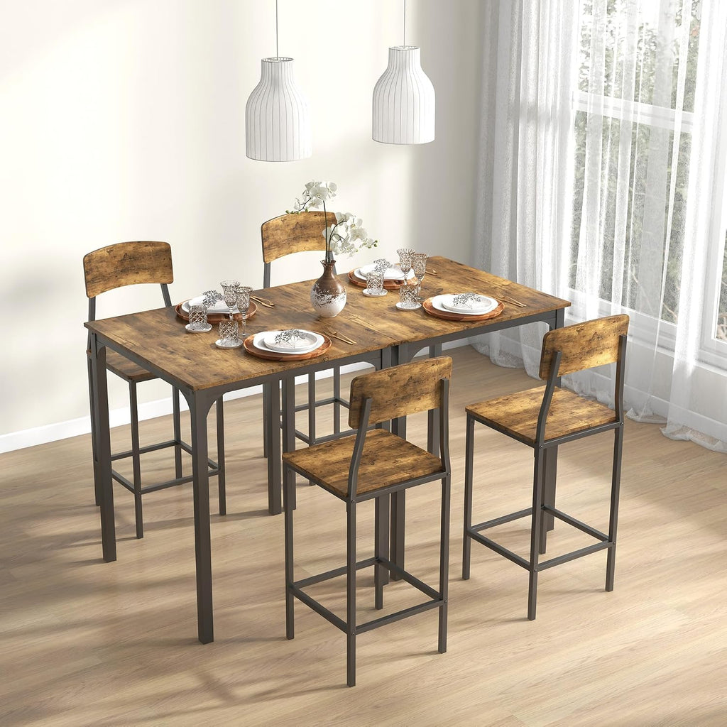 HOMCOM 3-Piece Counter Height Bar Table with Space-Saving Design, Square Kitchen Table and Chairs Set with Footrest, Metal Legs, Industrial Dining Table Set for 2, Rustic Brown and Black