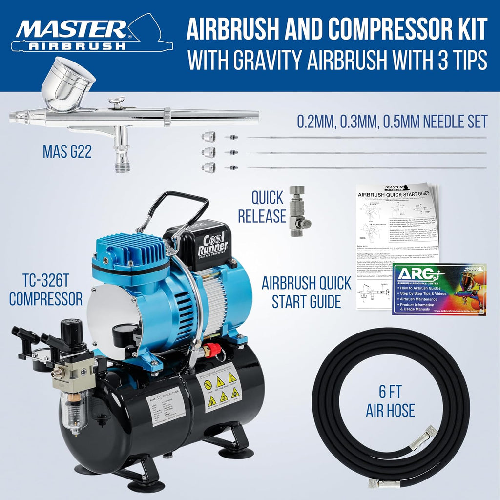 Master Airbrush Cool Runner II Dual Fan Airbrush and Compressor Kit with Gravity Air Brush with 3 Tips (0.2, 0.3 & 0.5mm Nozzle Tip), Compressor with Tank - Air Brush Kit for Beginners & Professionals