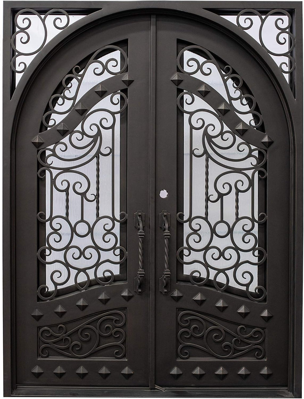 Canton Exterior Double Front Entry Door Wrought Iron with Operable Tempered Rain Glass Inside Swing Dark Bronze Finish (72 By 108 Right Hinge Active)