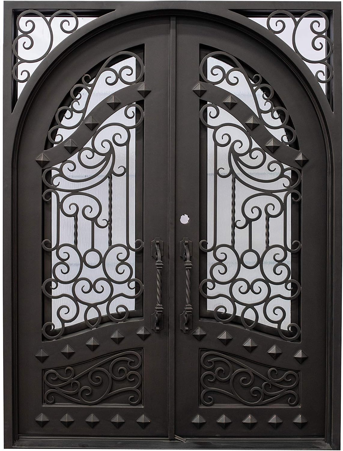Canton Exterior Double Front Entry Door Wrought Iron with Operable Tempered Rain Glass Inside Swing Dark Bronze Finish (72 By 108 Right Hinge Active)